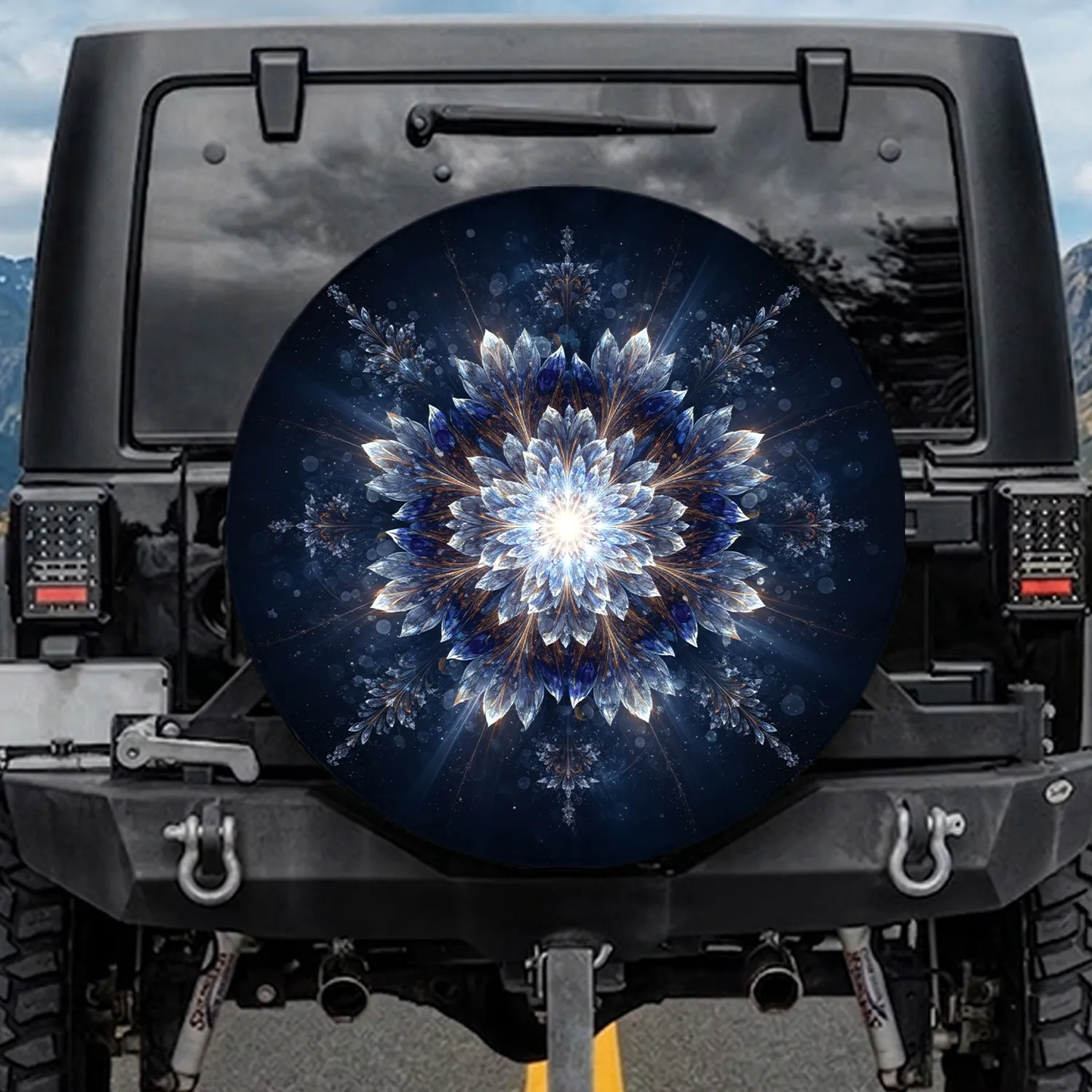 Fractal Floral Explosion Crystalline Silver Blue Gold - Home Decor Gift Spare Tire Cover - 1