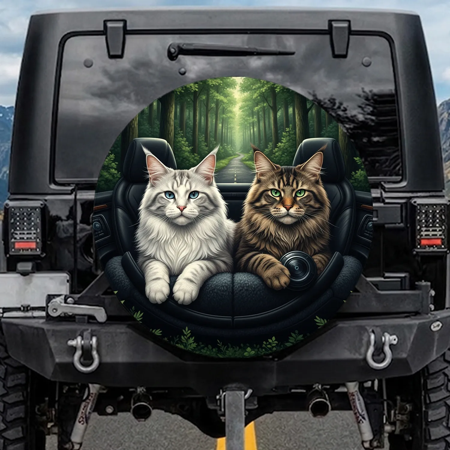 Maine Coon Cats Leather Seating Control Panel Forest Path - Cat Lover Gift Spare Tire Cover - 1