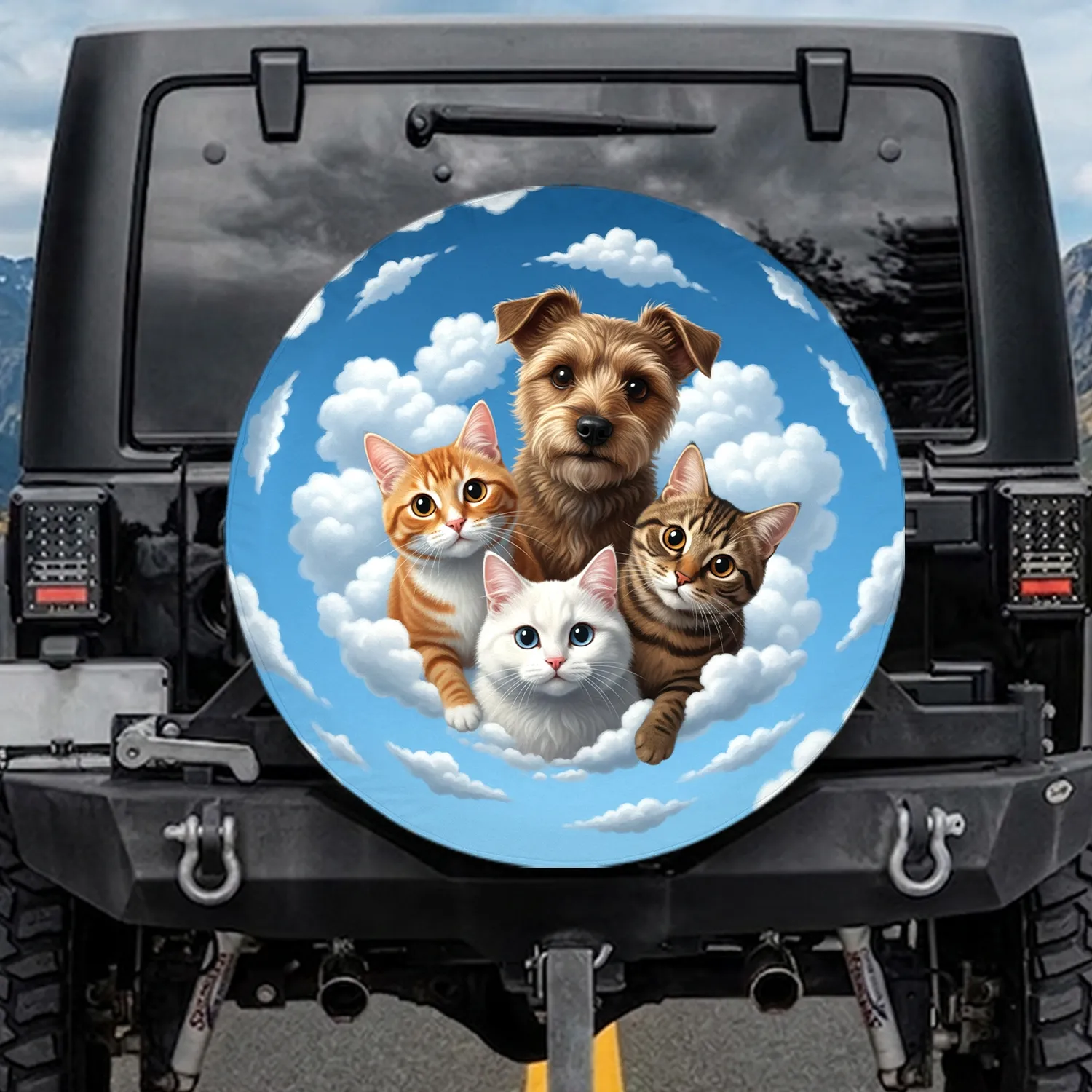 Four Curious Wide-Eyed Cats Dog Group Brilliant Blue Sky Clouds - Pet Lover Gift Spare Tire Cover - 1
