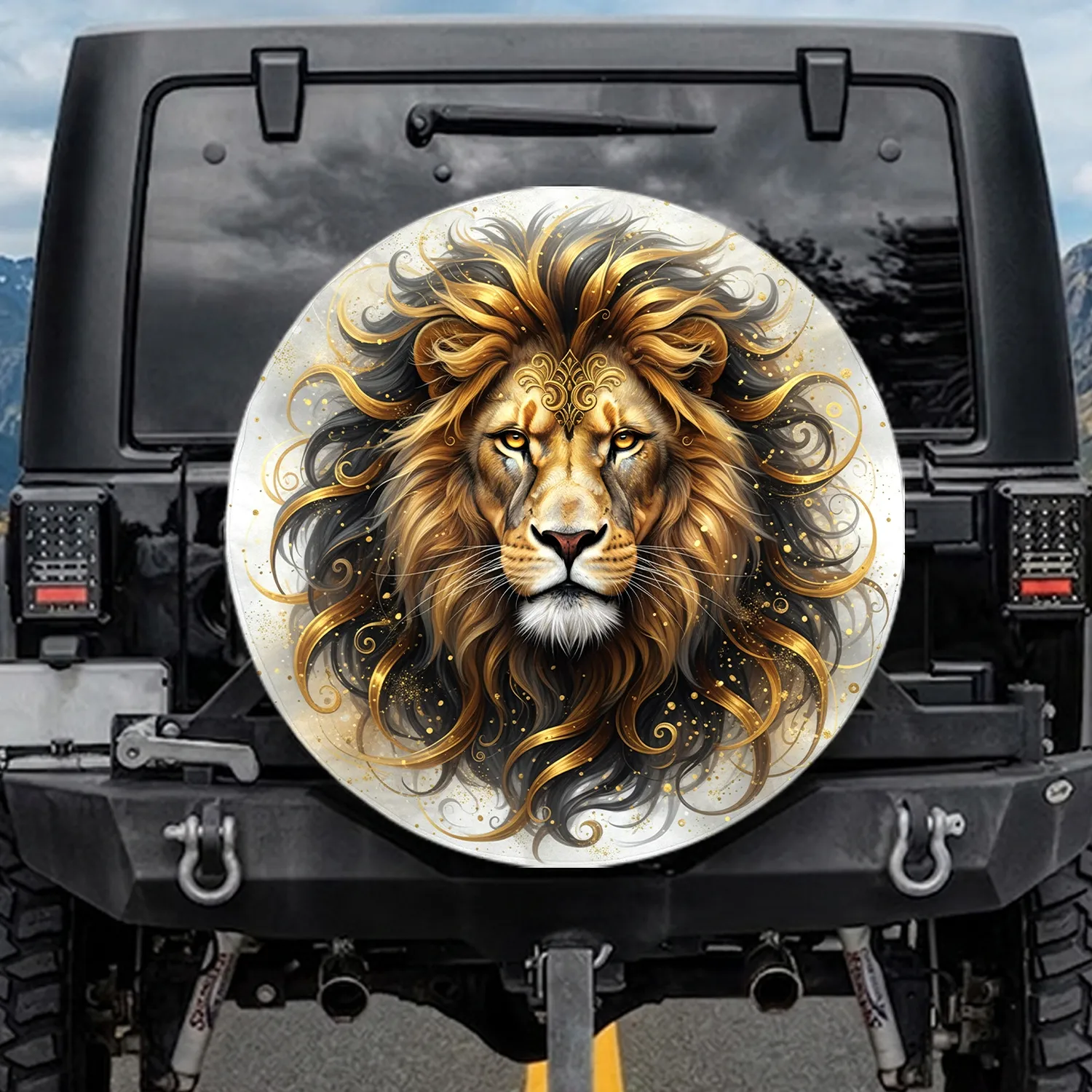 Regal Golden Lion Intense Golden Eyes Charcoal Mane White Muzzle - Wildlife Lover Gift Spare Tire Cover - 1