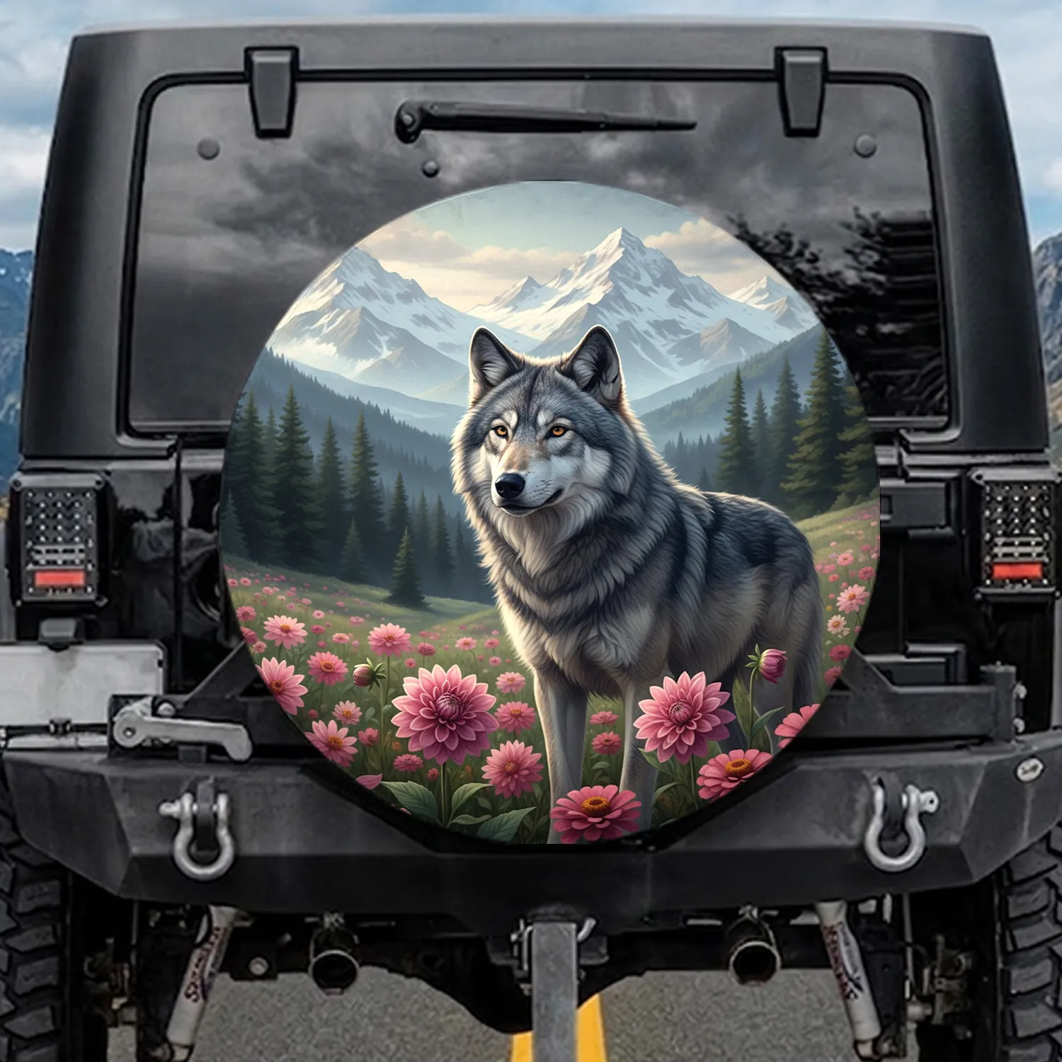 Gray Wolf Pink Dahlia Zinnia Flowers Mountain Landscape - Wildlife Lover Gift Spare Tire Cover - 1