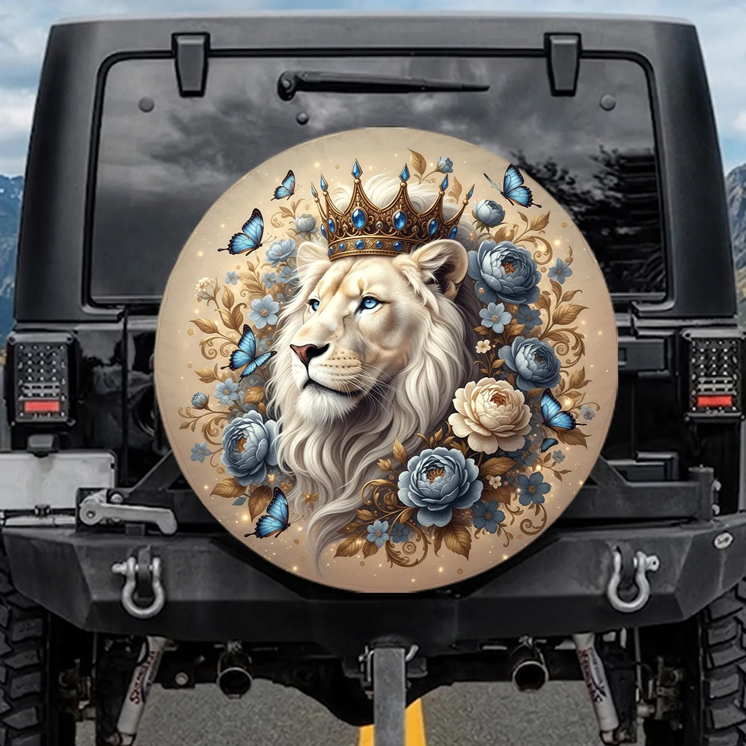 White Lion Golden Crown Flowers Blue Butterflies Botanical - Wildlife Lover Home Decor Gift Spare Tire Cover - 1