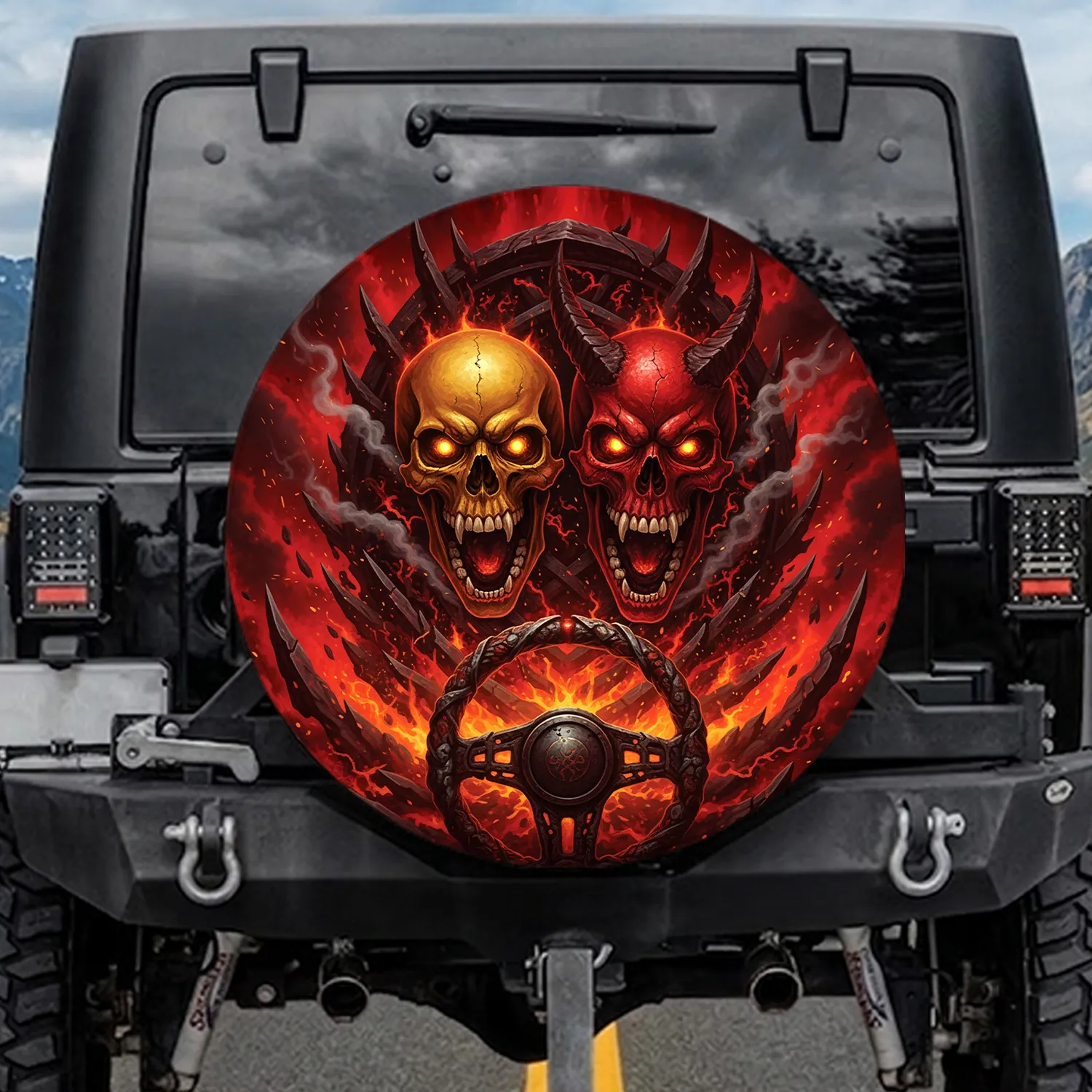 Grinning Skeletal Figures Fiery Infernal Scene - Vehicle Styling Gift Spare Tire Cover - 1