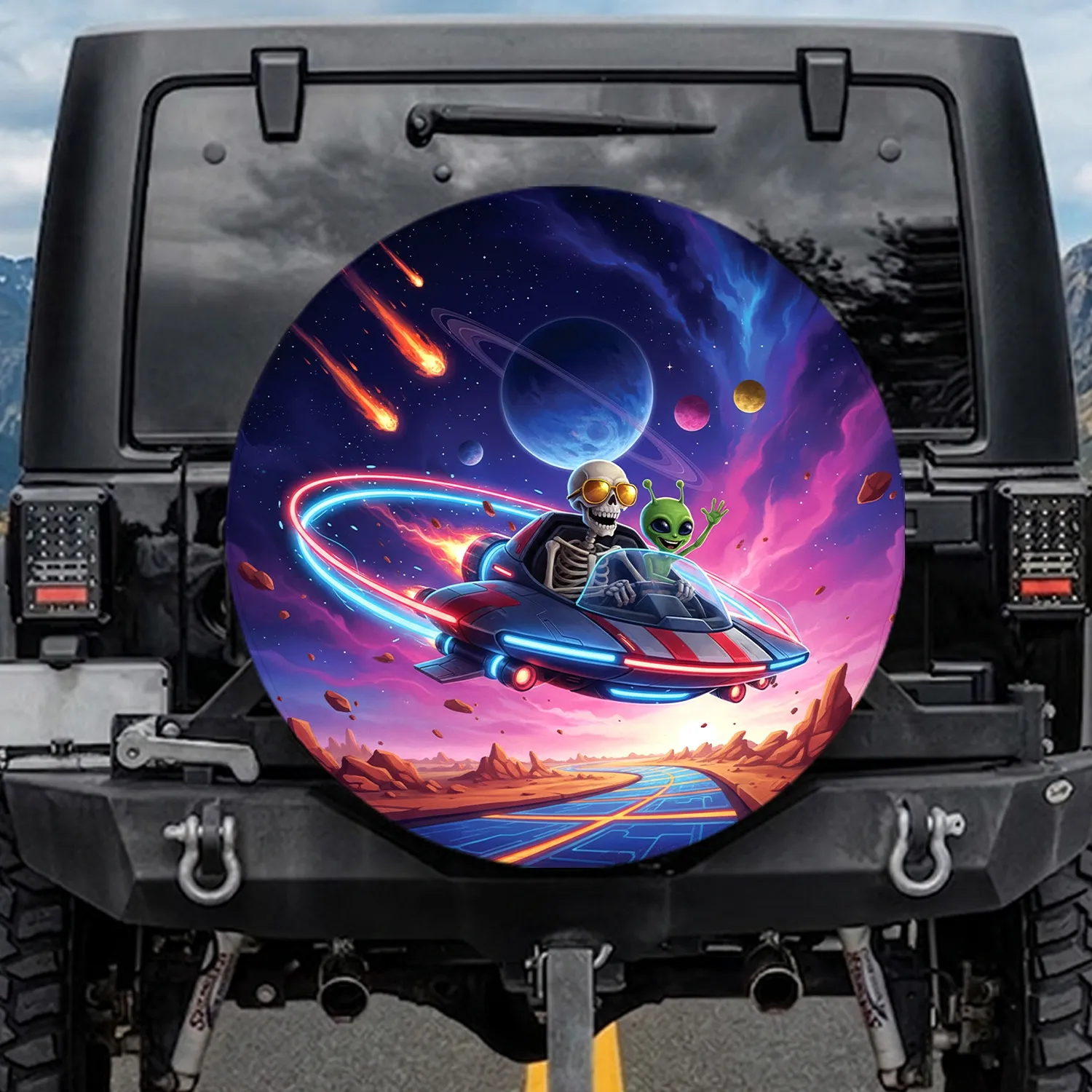 Joyful Skeleton Alien Flying Saucer Space Ride - Sci-Fi Lover Gift Spare Tire Cover - 1