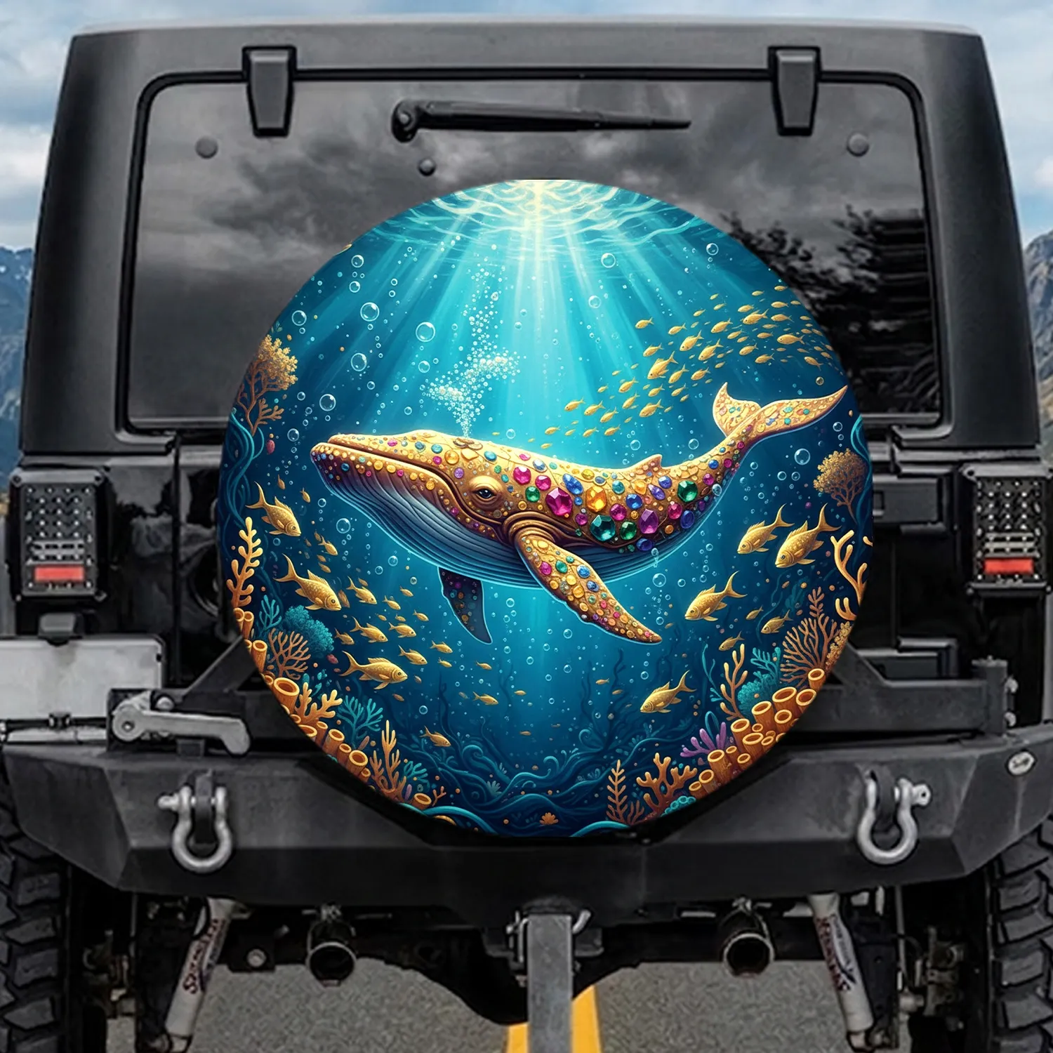 Majestic Golden Whale Gem Fish Deep Ocean Coral - Ocean Lover Gift Spare Tire Cover - 1