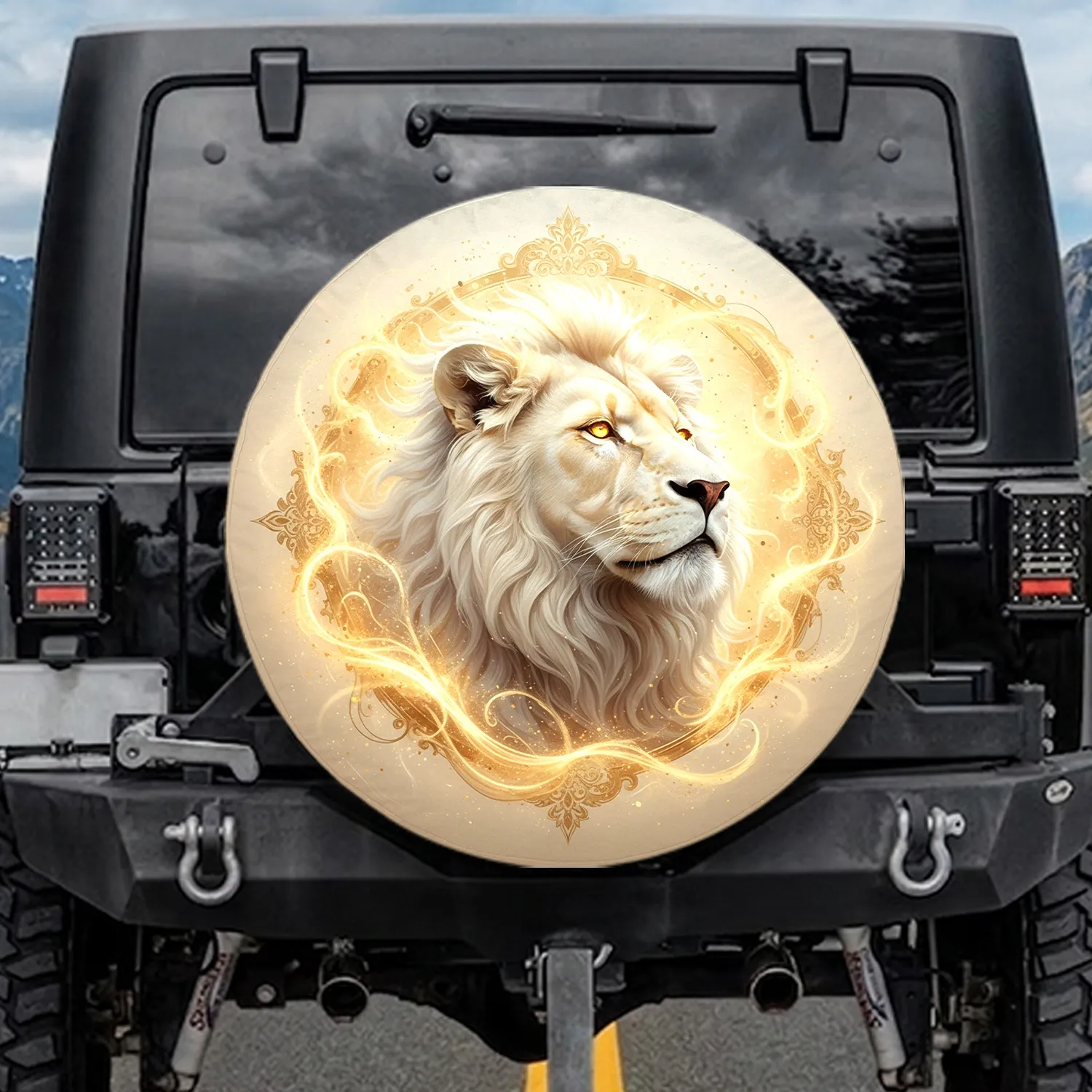 White Lion Head Luminous Golden Eyes Golden Mane - Wildlife Lover Gift for Lion Lovers Spare Tire Cover - 1