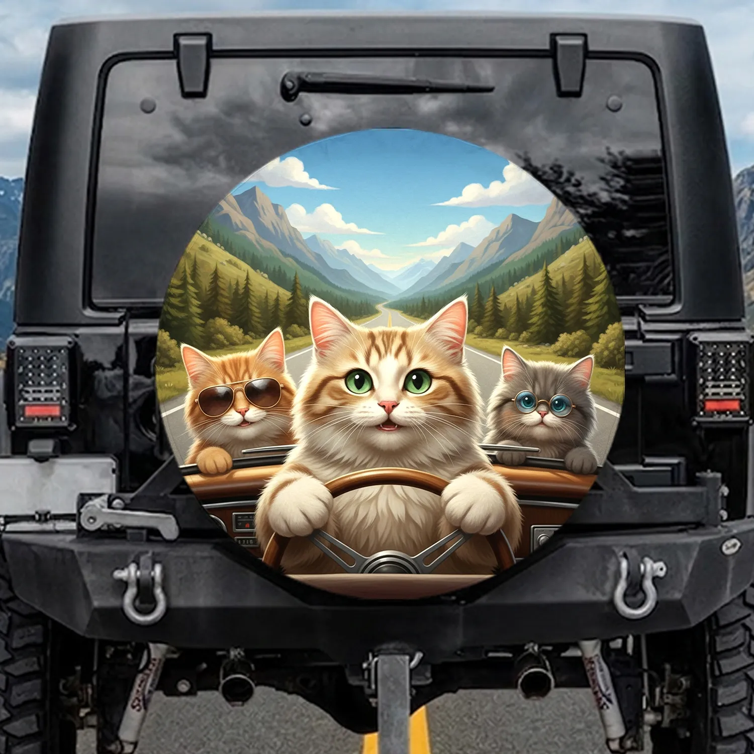 Fluffy Cats Road Trip Mountain Vista - Travel Essentials Cat Lover Gift Spare Tire Cover - 1
