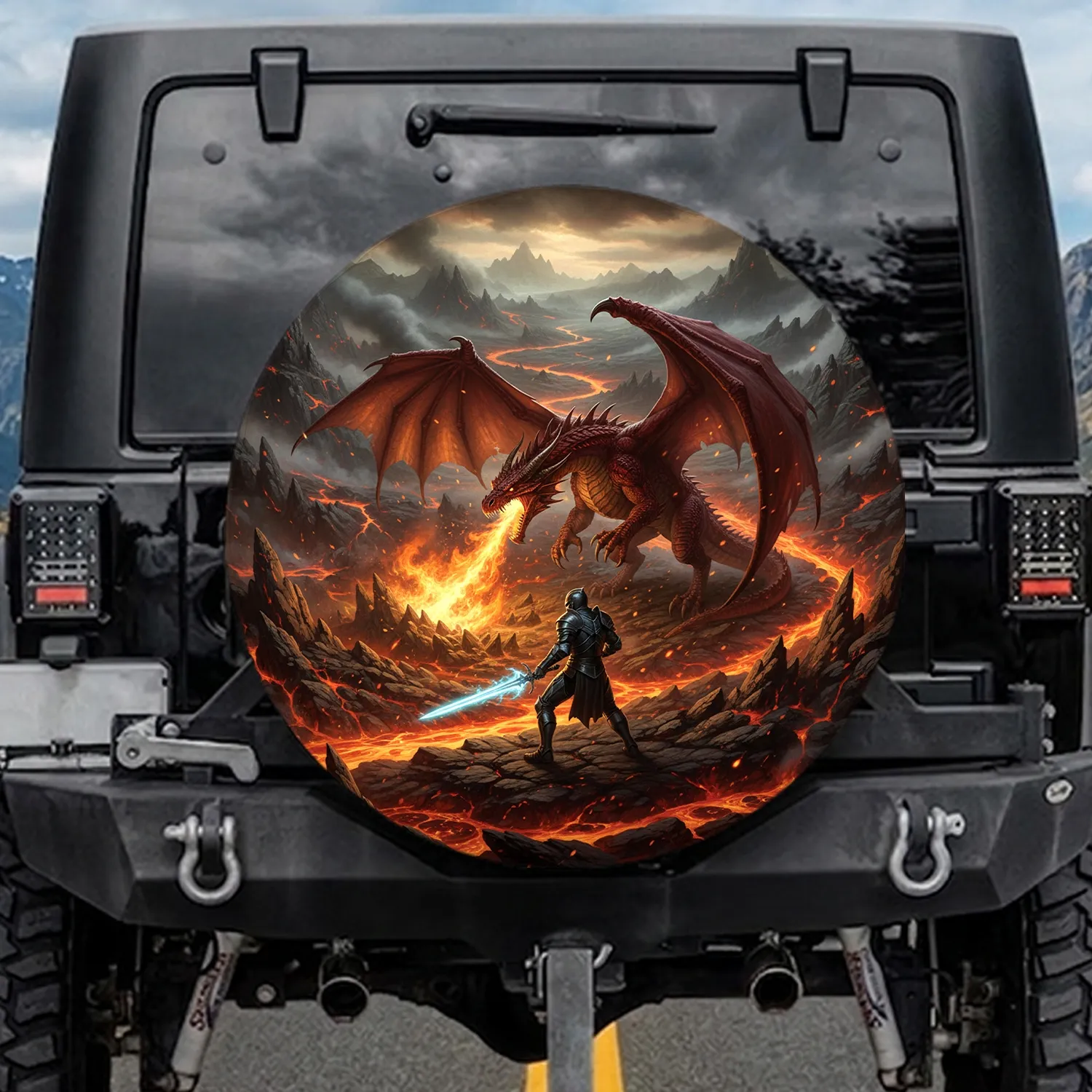 Fire Dragon Warrior Molten Lava Volcanic Landscape - Adventure Vehicle Accessory Spare Tire Cover - 1