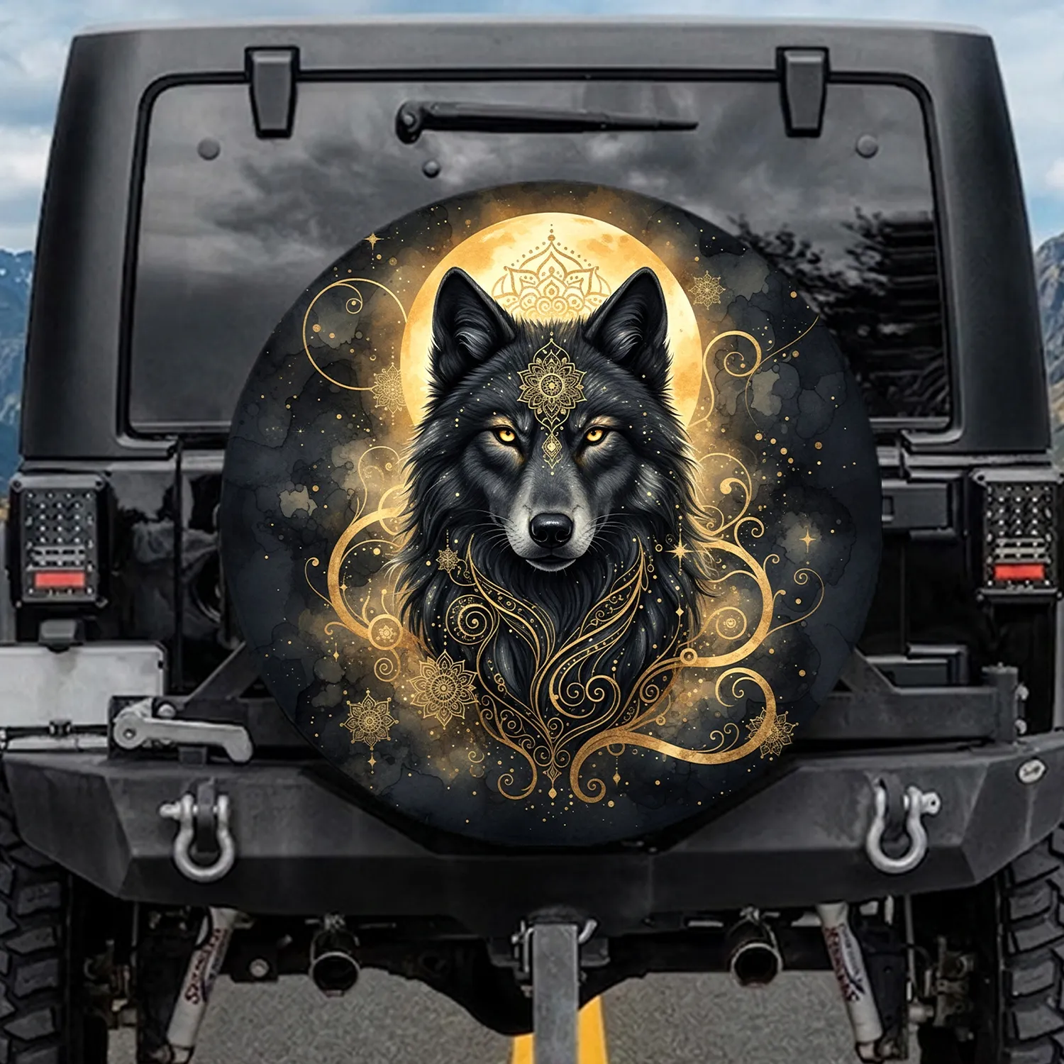 Black Wolf Golden Mandala Celestial Moon - Wildlife Lover Gift for Wolf Lover Spare Tire Cover - 1
