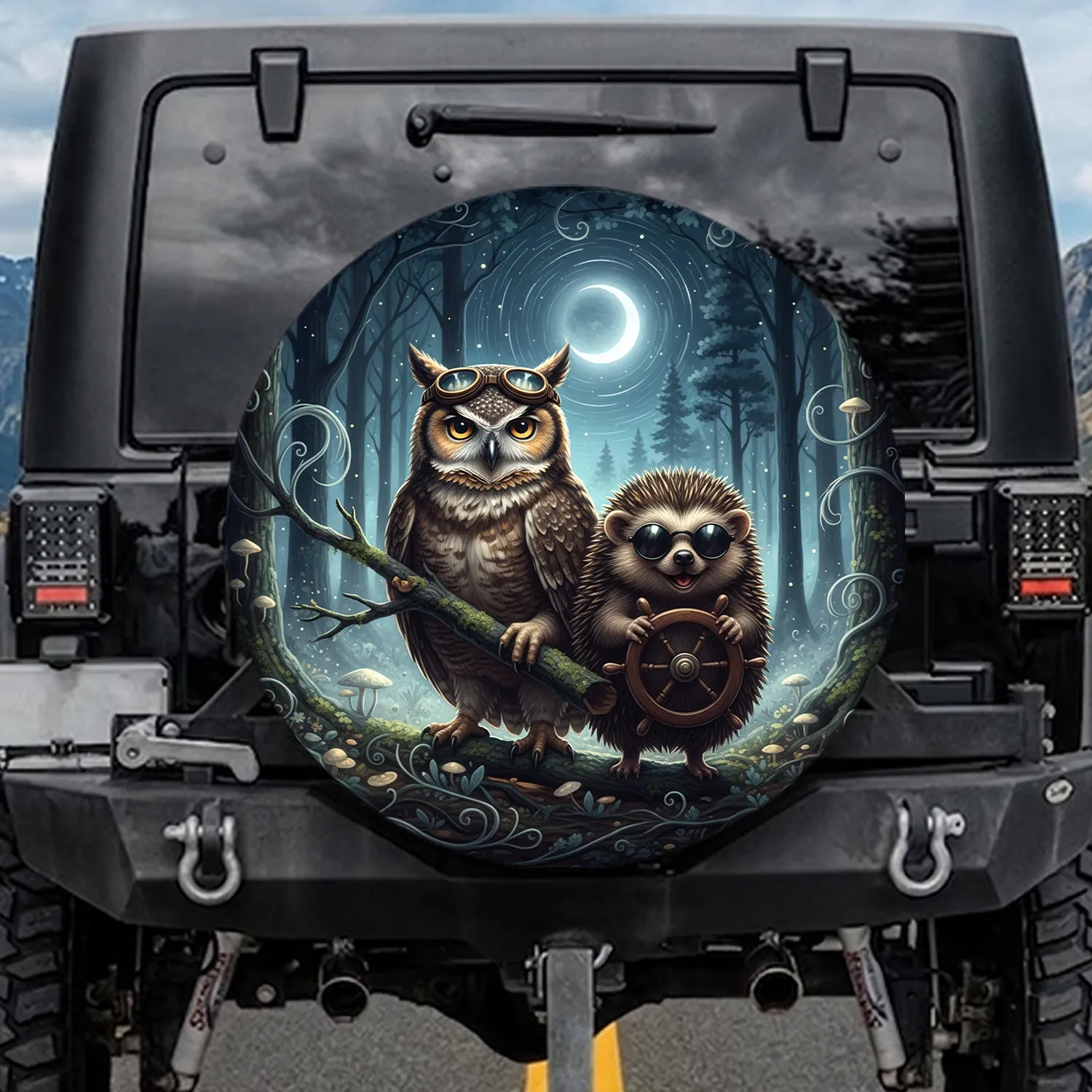 Goggled Owl Sunglass Hedgehog Forest Journey - Wildlife Lover Gift Spare Tire Cover - 1