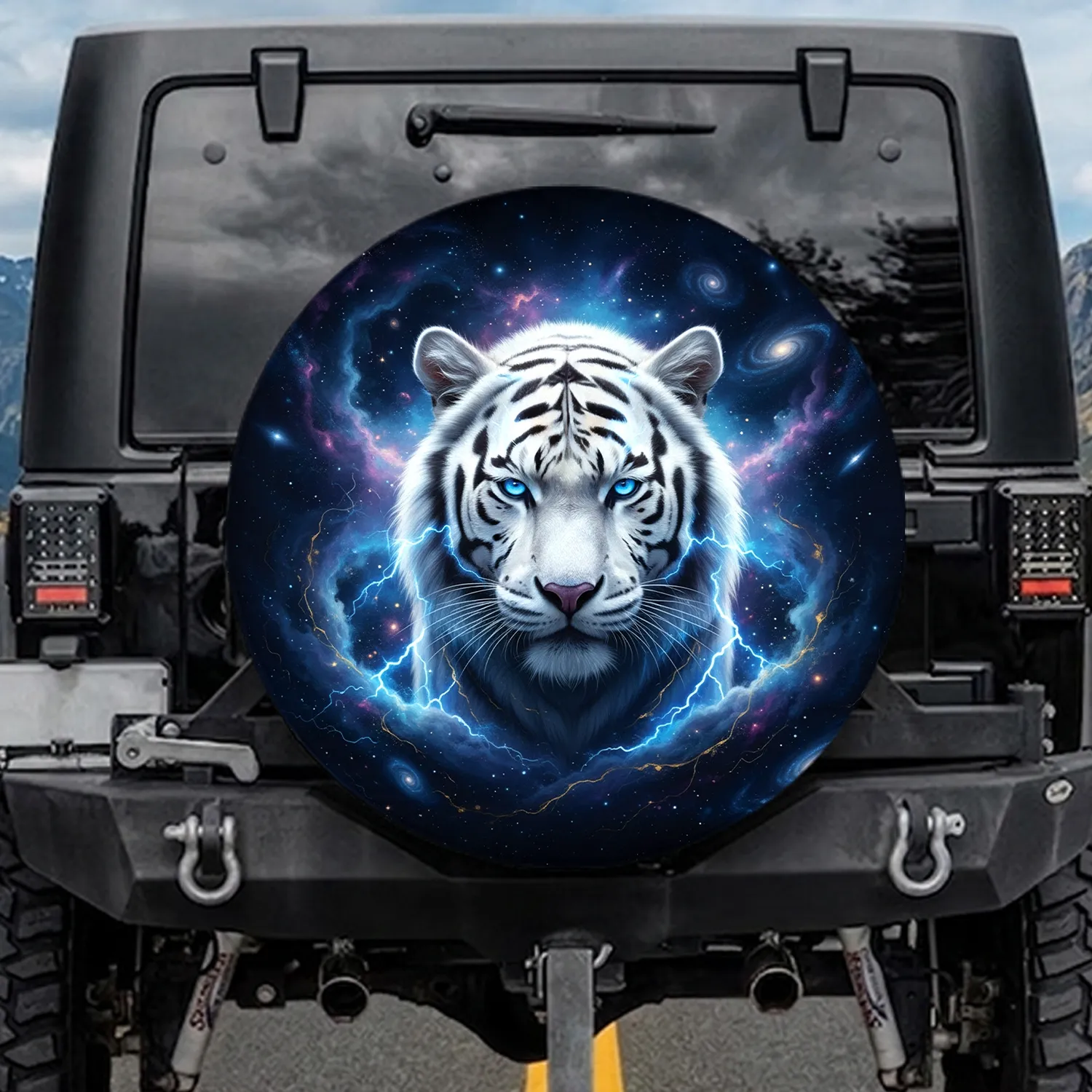 White Tiger Electric Lightning Galaxy - Wildlife Lover Home Decor Gift Spare Tire Cover - 1