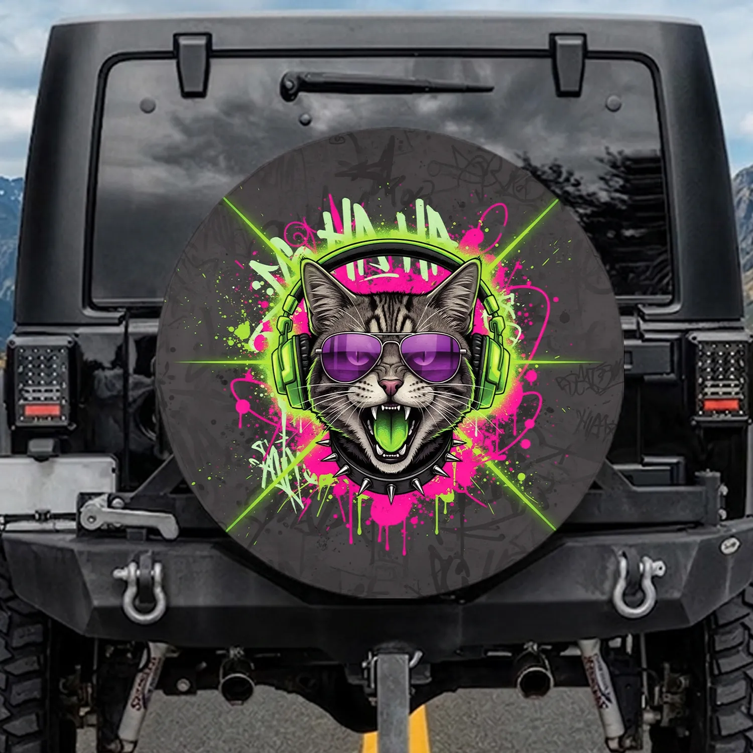 Snarling Tabby Cat Head Street Art Sunglasses - Urban Lifestyle Gift for Cat Lovers Spare Tire Cover - 1