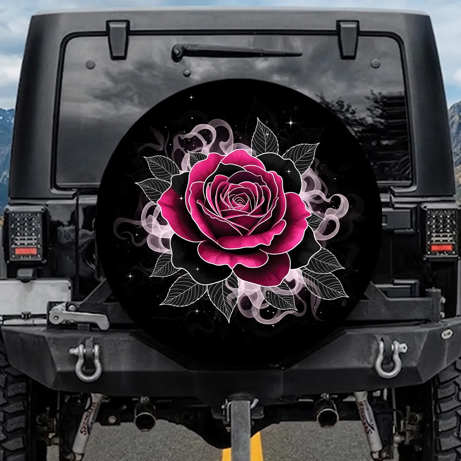 Fuchsia Rose Black Petals White Outline Botanical Leaves Star Mist - Car Accessory Gift Spare Tire Cover - 1