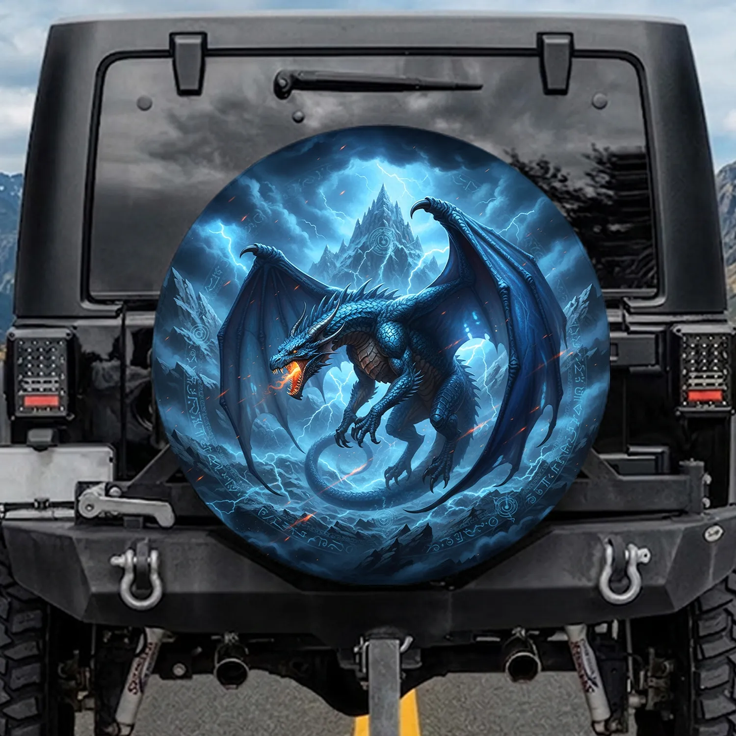 Majestic Blue Dragon Outstretched Wings Storm Clouds Mountain - Dragon Lover Gift Spare Tire Cover - 1