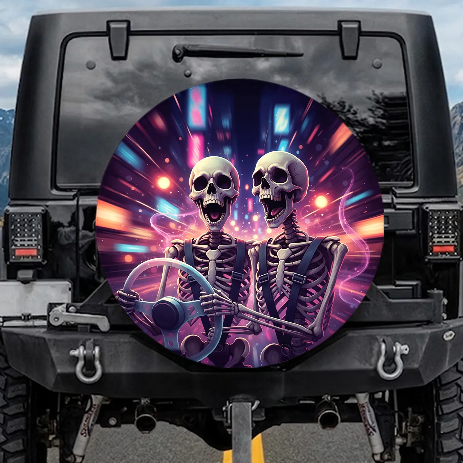 Screaming Skeleton Drivers Urban Night Lights - Automotive Gear Gift Spare Tire Cover - 1