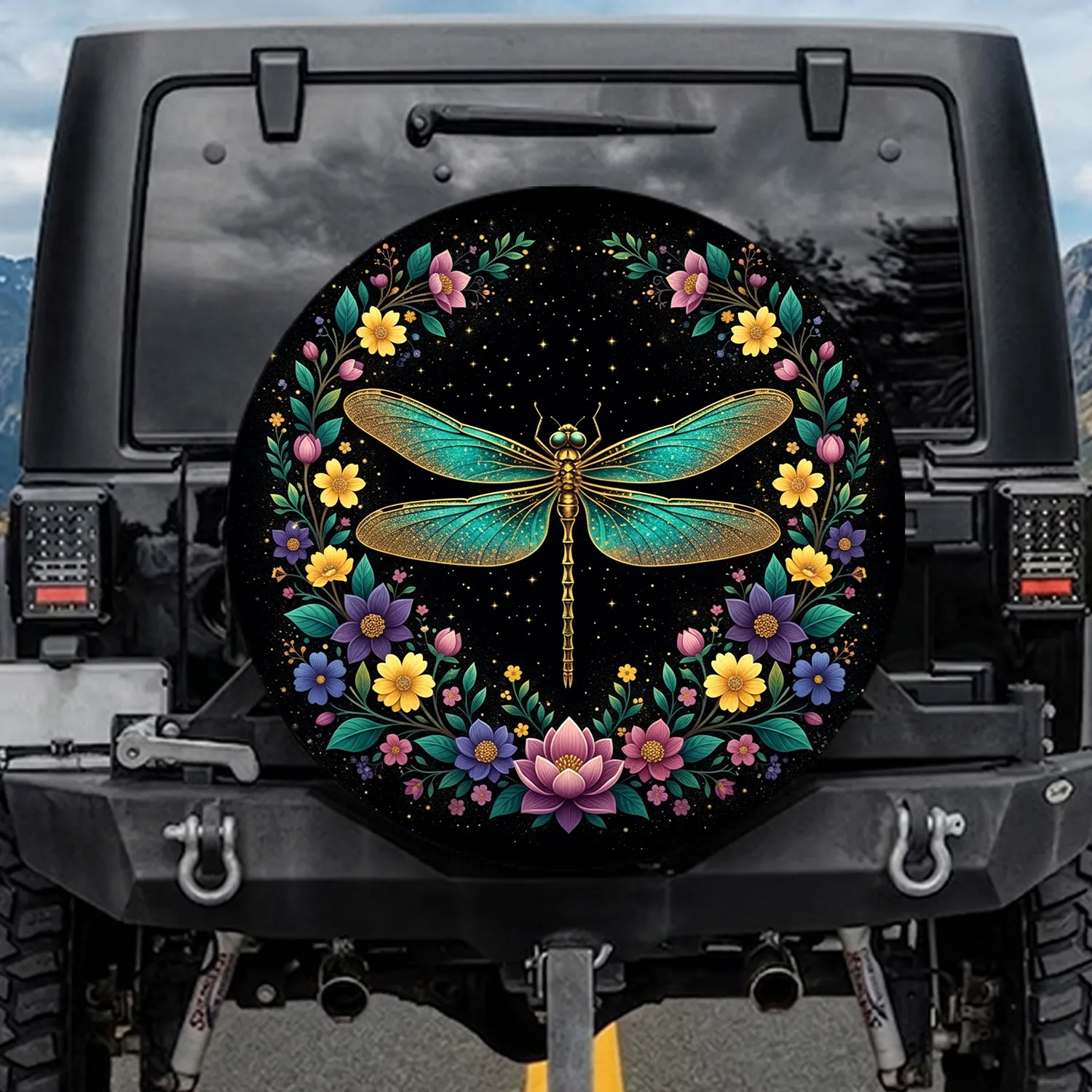 Golden Dragonfly Botanical Flowers Foliage Sparkles - Wildlife Home Decor Gift Spare Tire Cover - 1