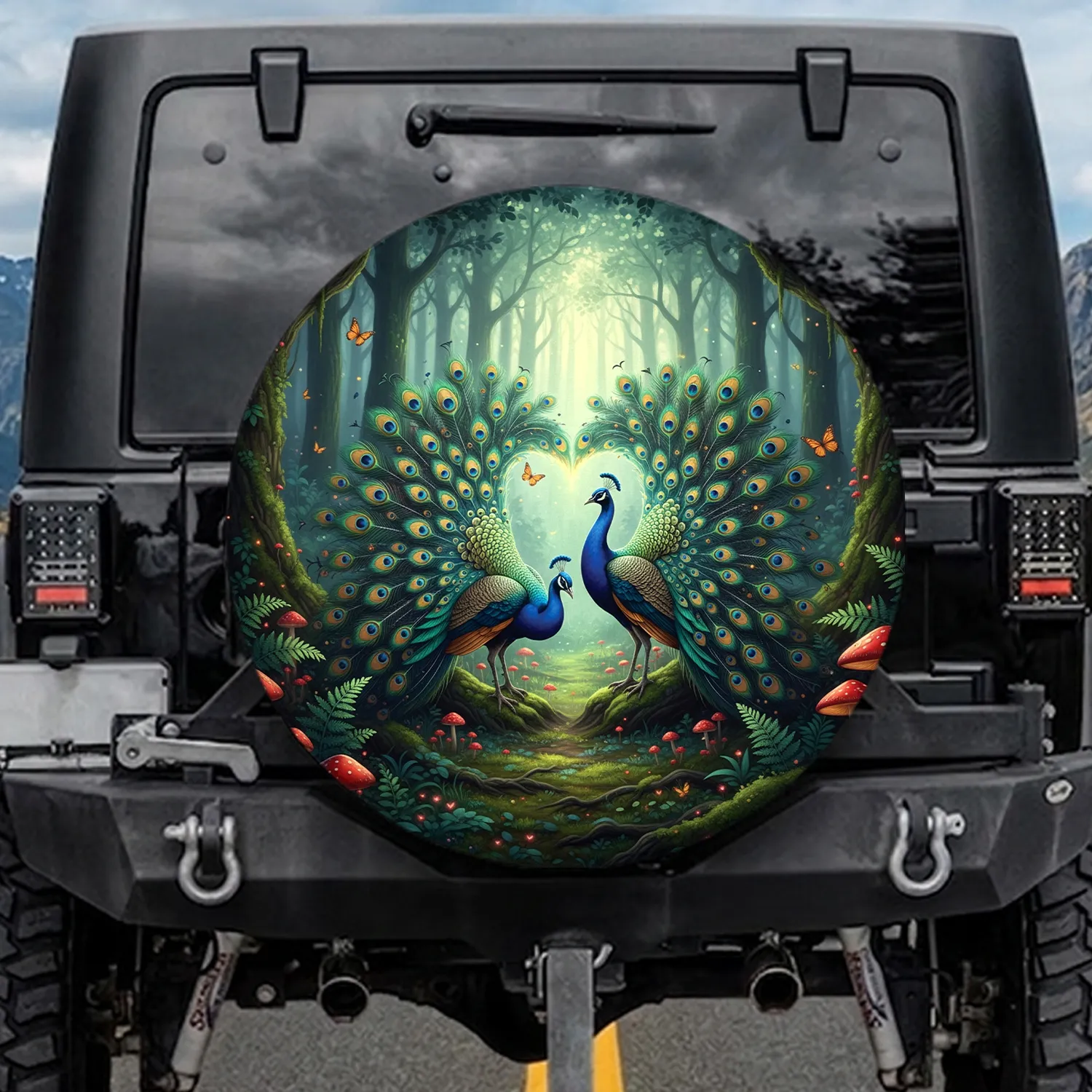 Iridescent Peacocks Heart Luminous Forest Mushrooms Butterflies - Wildlife Lover Gift Spare Tire Cover - 1