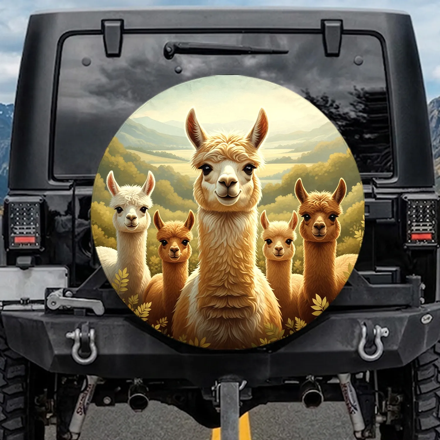 Five Smiling Alpacas Green Rolling Hills Sunlit Landscape - Nature Lover Gift for Animal Lover Spare Tire Cover - 1