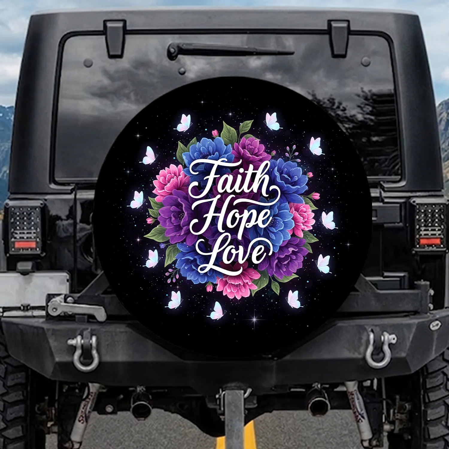 Faith Hope Love Floral Bouquet Butterflies - Meaningful Home Decor Gift for Her Spare Tire Cover - 1