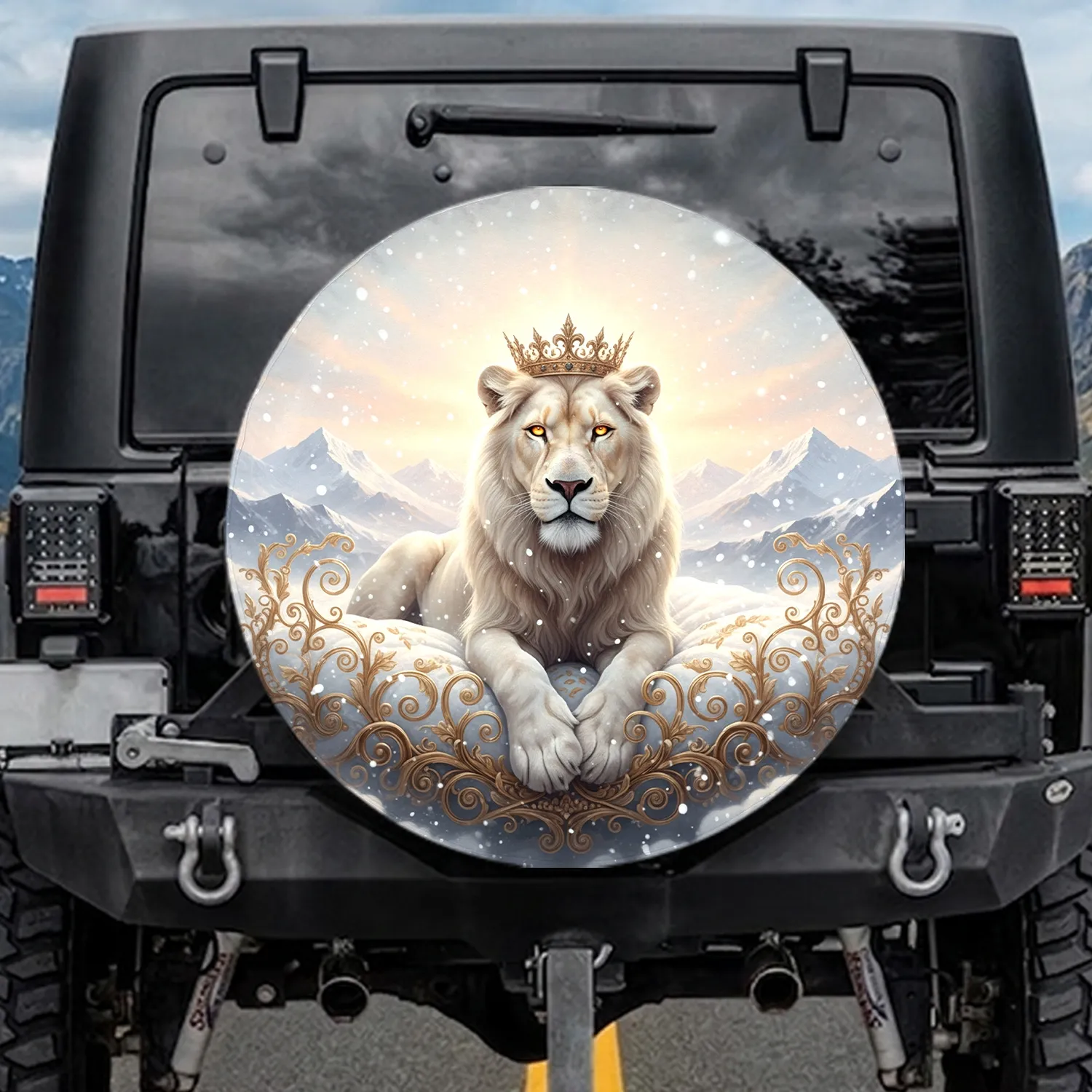 White Lion Golden Crown Snowy Mountain Vista - Wildlife Lover Gift Spare Tire Cover - 1