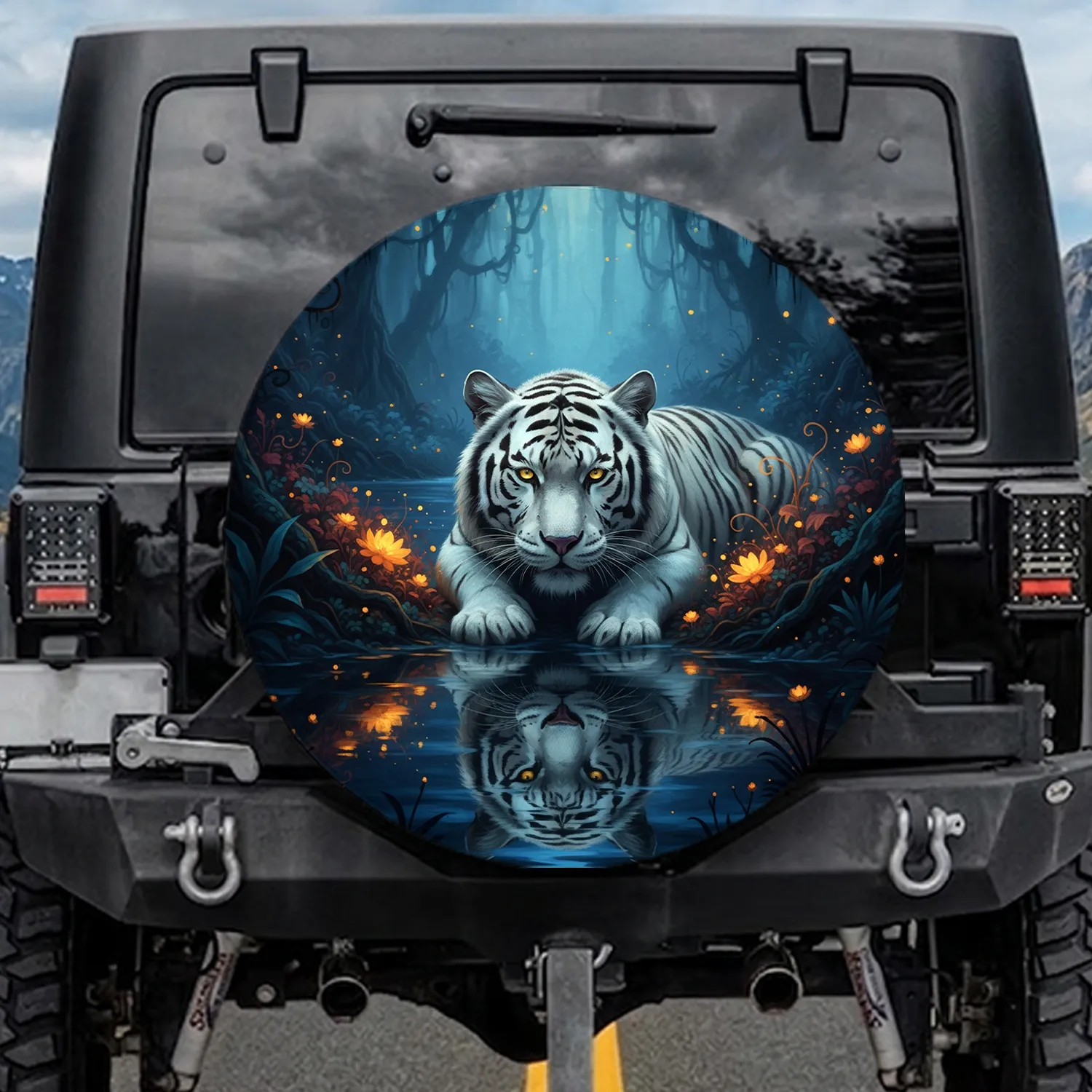 White Tiger Reflective Water Jungle Aquatic Plants - Wildlife Lover Gift Spare Tire Cover - 1
