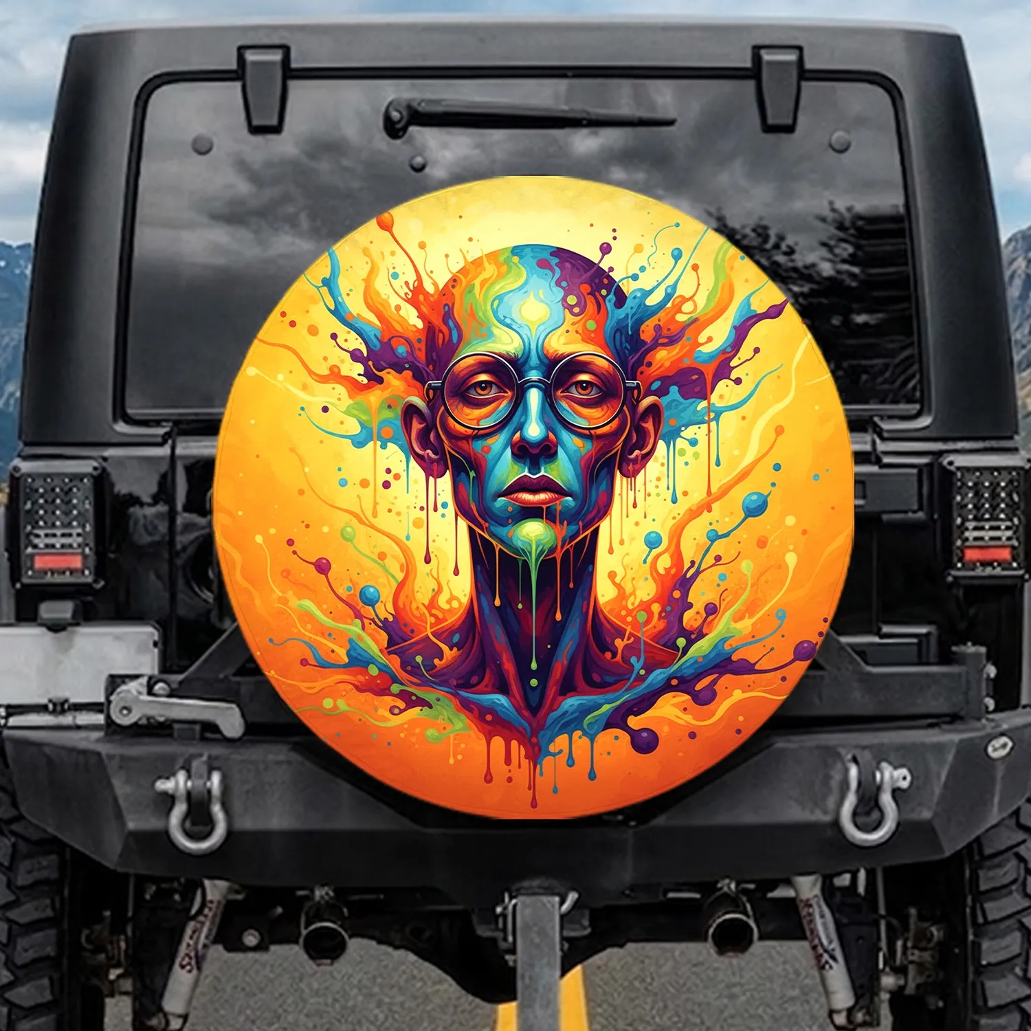 Vibrant Surreal Human Head Spectacles Elongated Jaw Liquid Elements - Vehicle Decor Gift Spare Tire Cover - 1