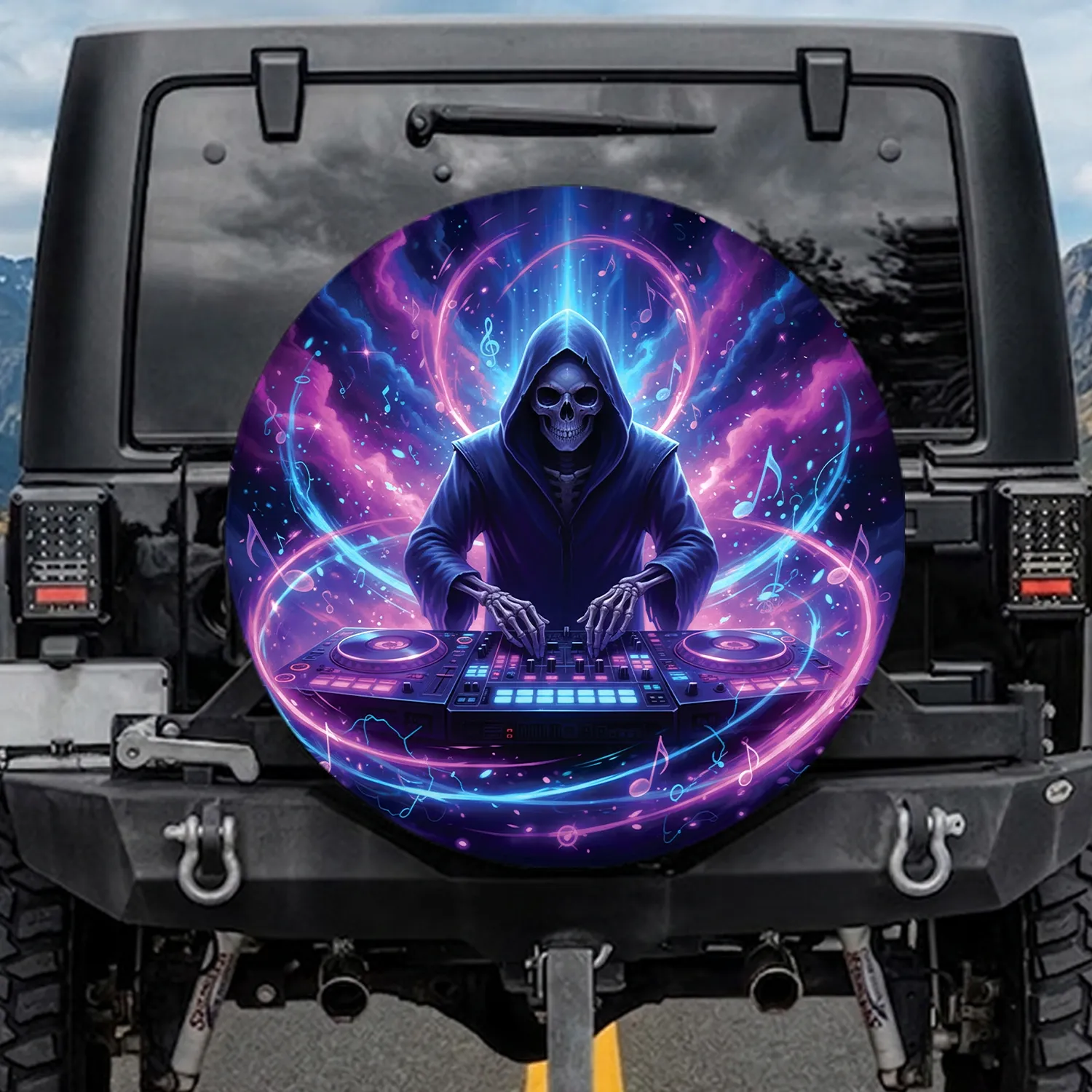 Futuristic Skull DJ Neon Console Deep Cosmic Nebula Music - Party Music Lover Gift Spare Tire Cover - 1