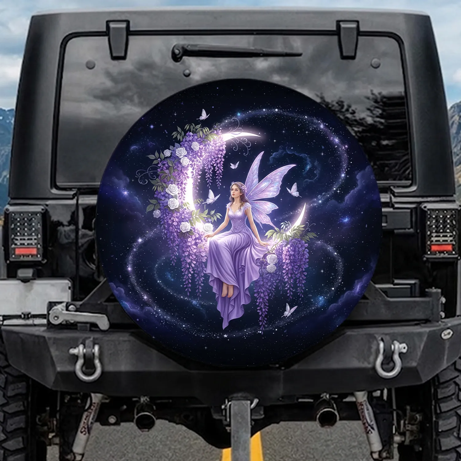 Fairy Crescent Moon Starry Sky Flowers Butterflies - Home Decor Gift Spare Tire Cover - 1