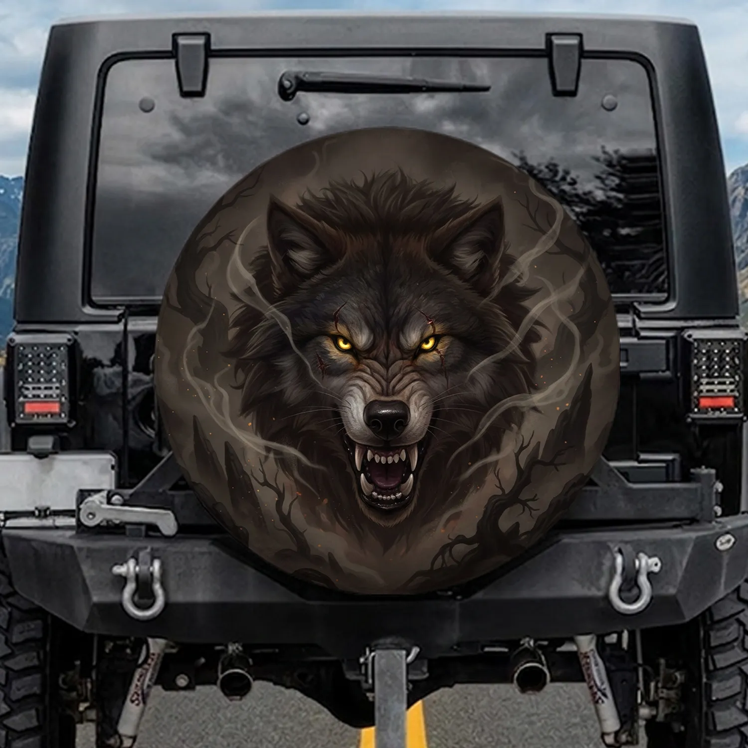 Ferocious Snarling Wolf Dark Mists - Wildlife Lover Gift for Wolf Lover Spare Tire Cover - 1