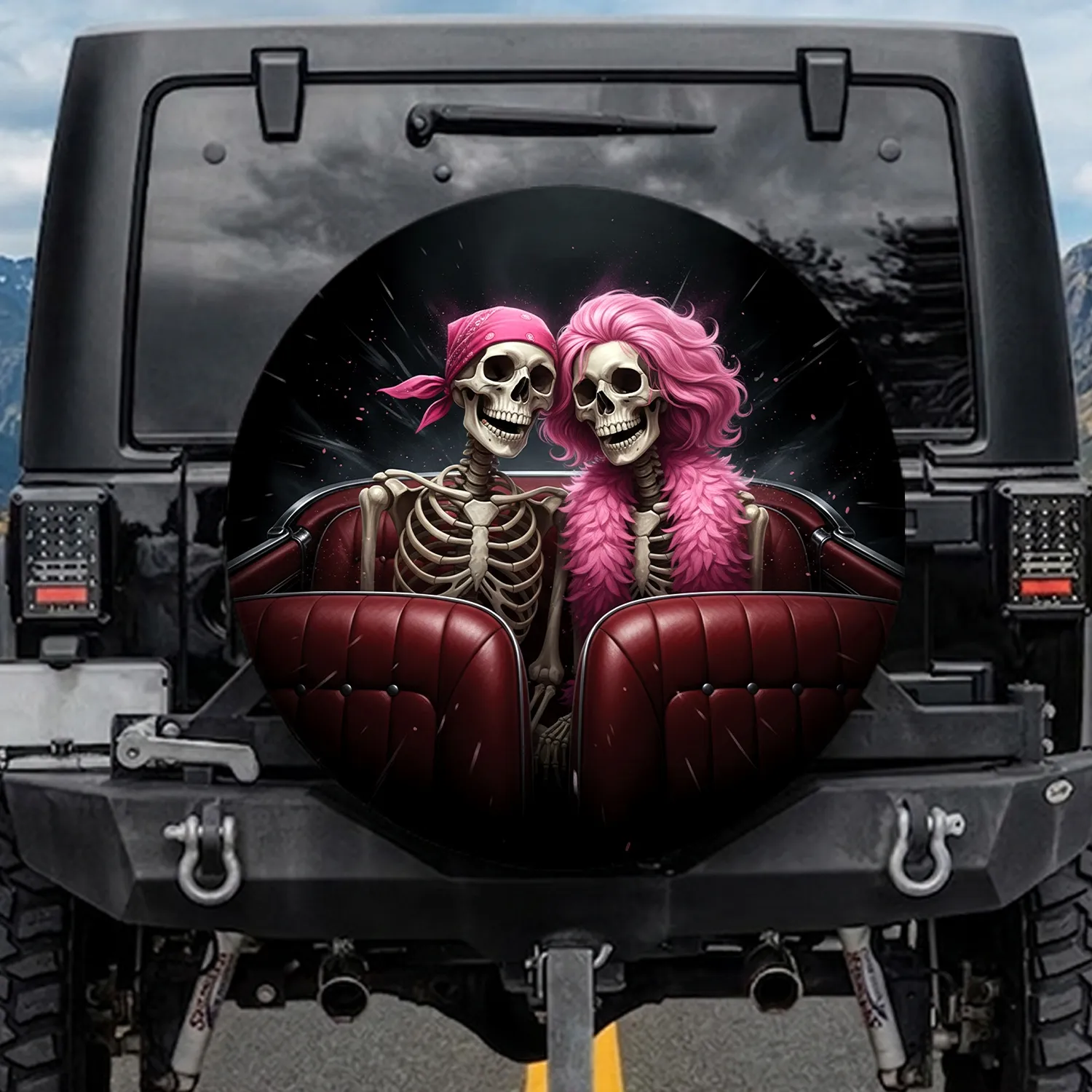 Smiling Skeletons Pink Hair Boa Roadster Interior - Open Road Travel Gift Spare Tire Cover - 1