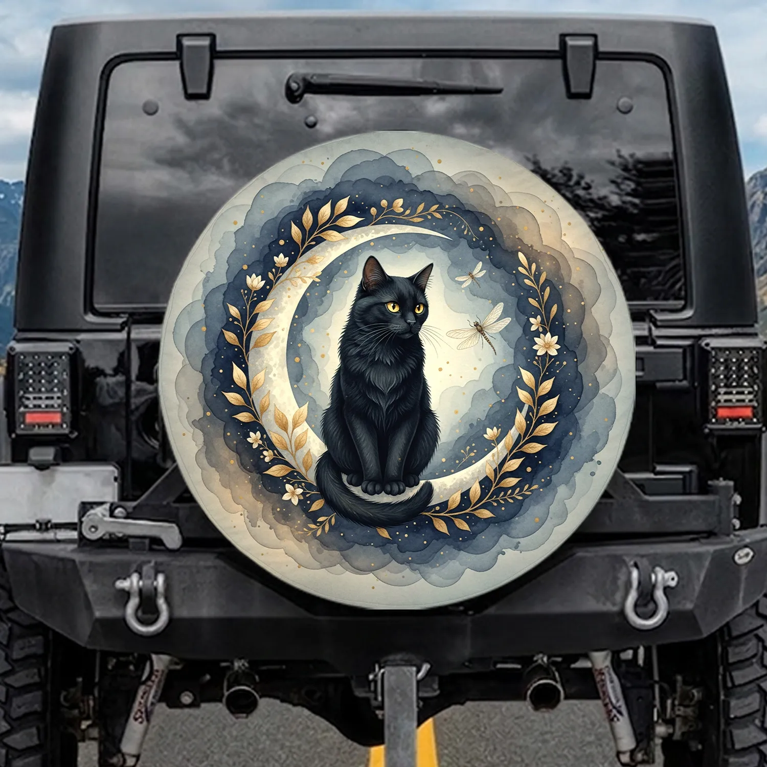 Majestic Black Cat Moon Dragonflies Stardust - Mystical Home Decor Gift for Cat Lovers Spare Tire Cover - 1