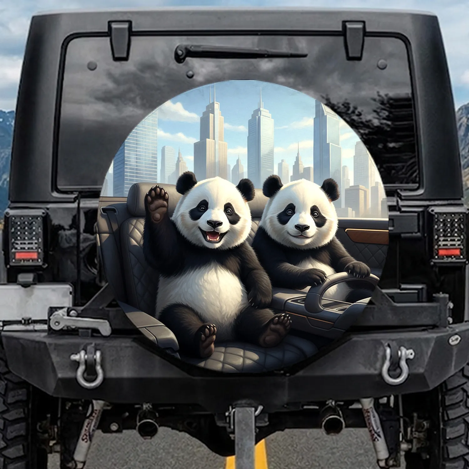 Panda Driver Cityscape View - Vehicle Decor Travel Enthusiast Gift Spare Tire Cover - 1