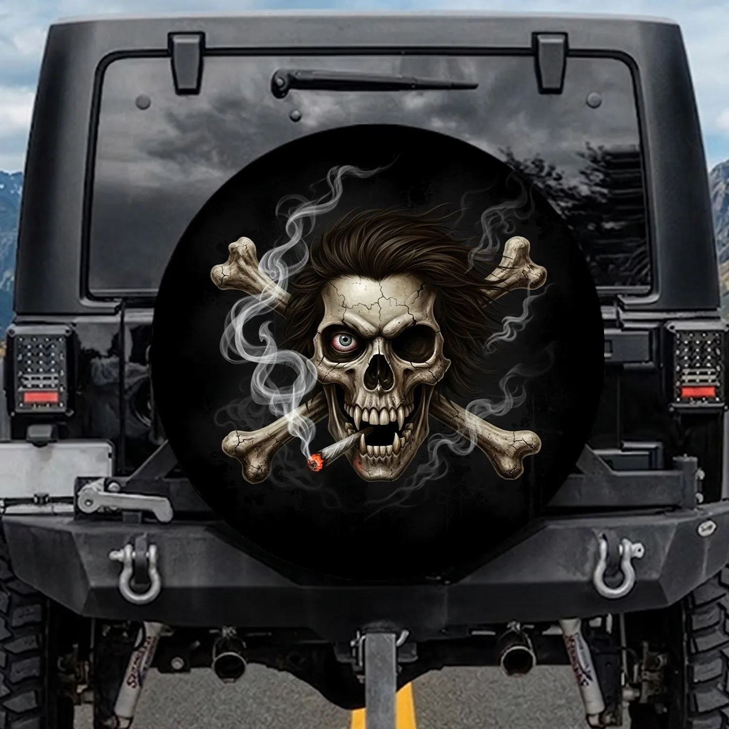 Cracked Skull Bloodshot Eye Gaping Jaw Burning Joint Crossbones - Skull Lover Gift Spare Tire Cover - 1