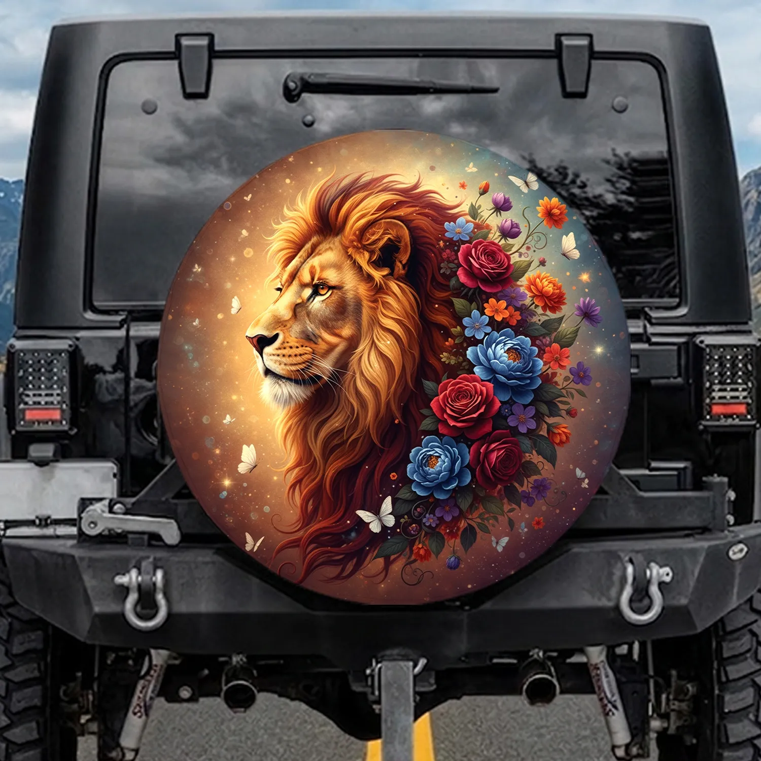 Majestic Lion Head Golden Mane Butterflies Floral - Wildlife Lover Gift Spare Tire Cover - 1