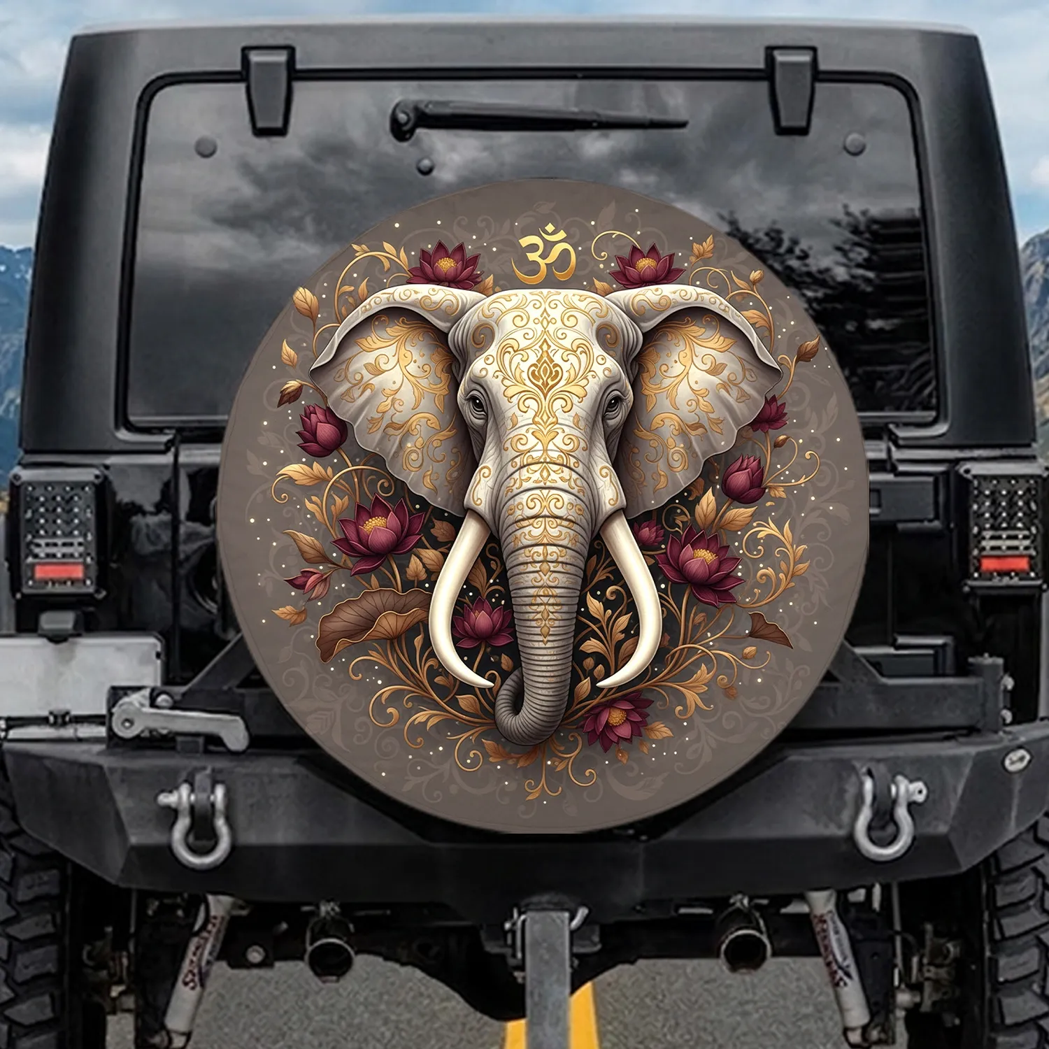 Elephant Head Gold Filigree Lotus Flowers Golden Vines Leaves - Wildlife Lover Gift Spare Tire Cover - 1