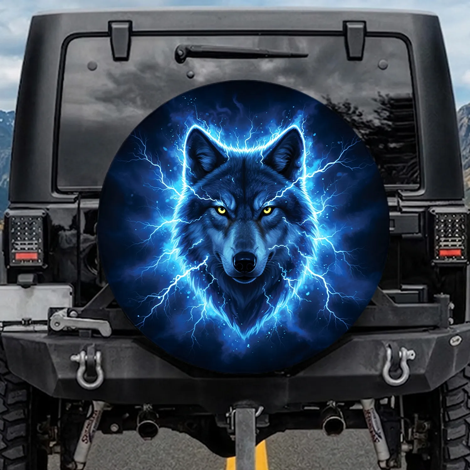 Fierce Wolf Head Electric Storm Electric Blue Nebula - Wildlife Lover Gift Spare Tire Cover - 1