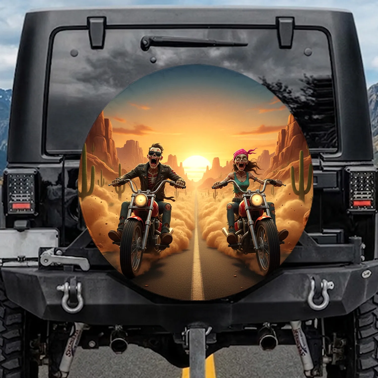 Zombie Bikers Red Motorcycles Desert Road Sunset - Adventure Lover Gift Spare Tire Cover - 1