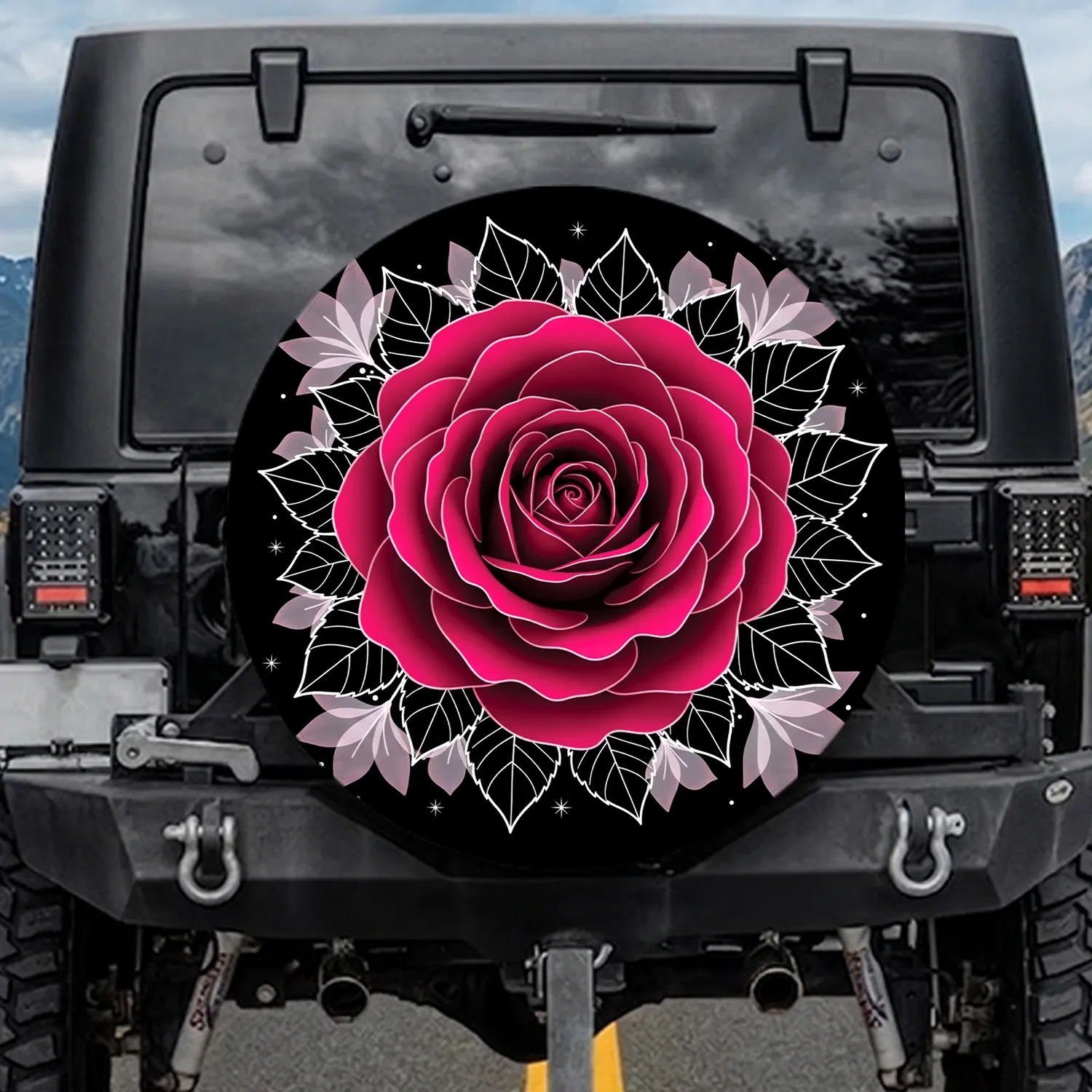 Fuchsia Rose Black Leaves White Starbursts - Luxury Home Decor Gift for Rose Lover Spare Tire Cover - 1