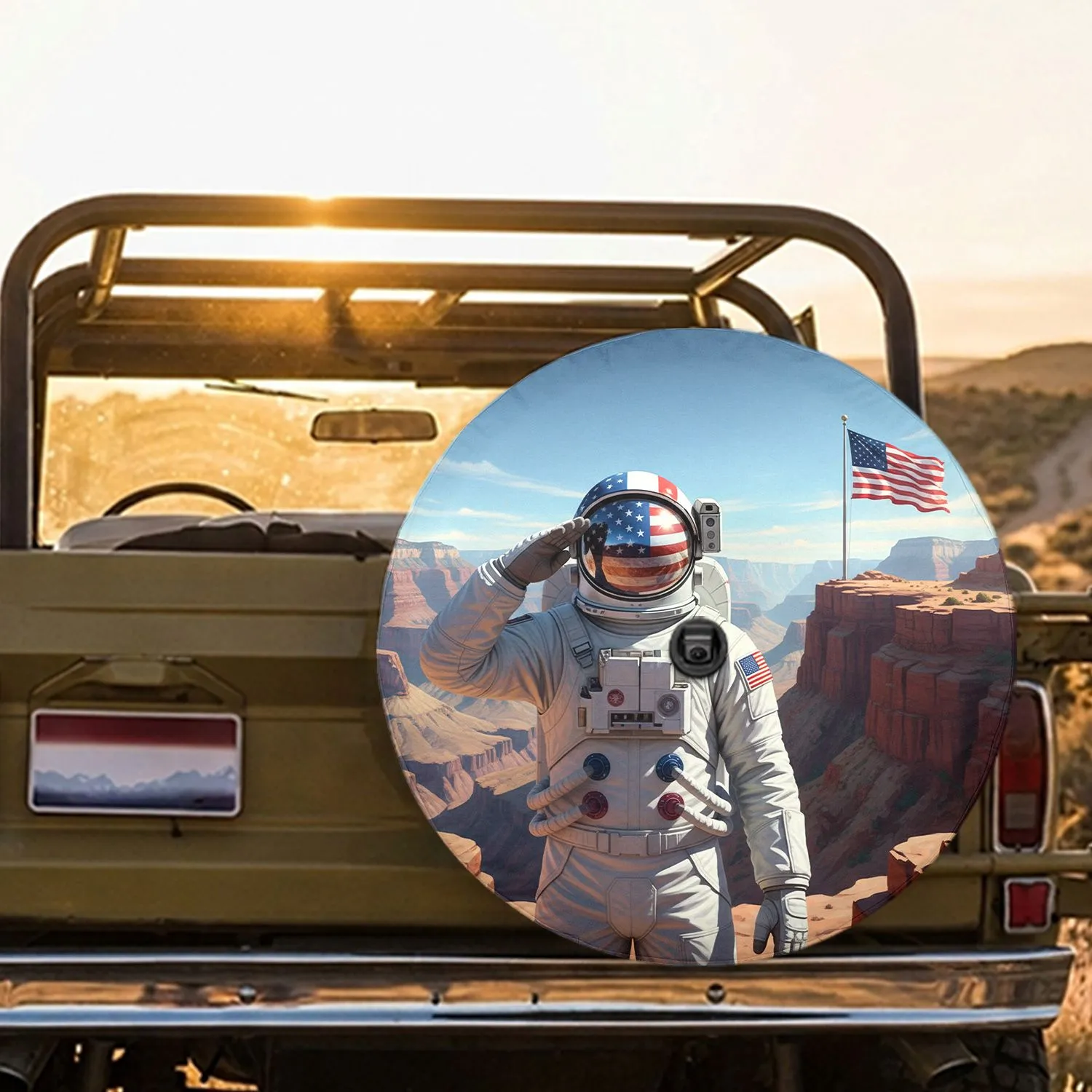 Astronaut American Flag Canyon Salute - Independence Day Gift for Veterans Spare Tire Cover - 1
