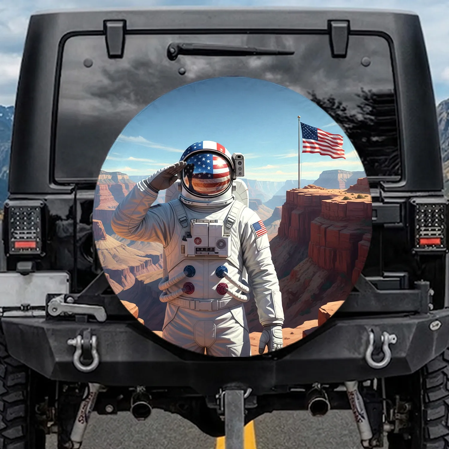 Astronaut American Flag Canyon Salute - Independence Day Gift for Veterans Spare Tire Cover - 1