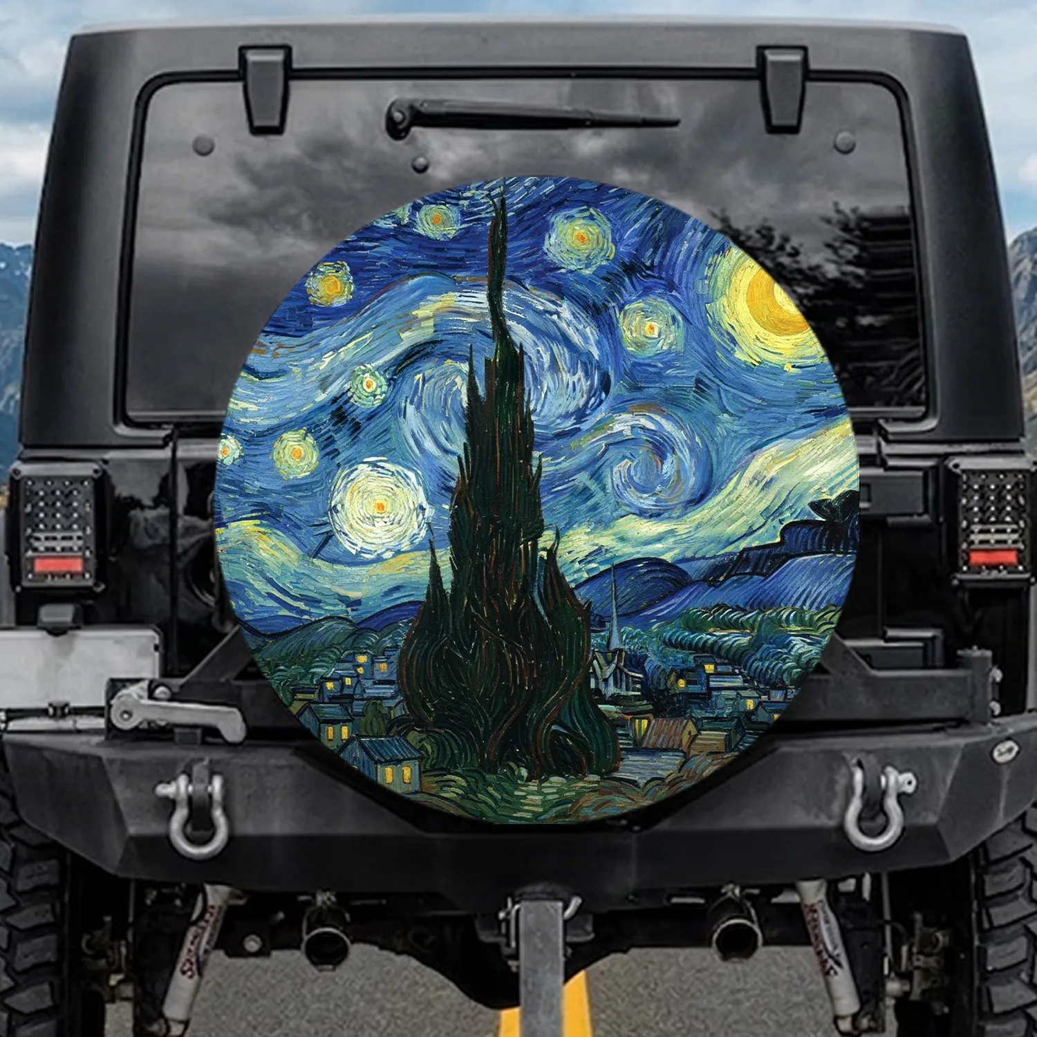 Starry Night Cypress Tree Village - Dreamscape Home Decor Gift Spare Tire Cover - 1