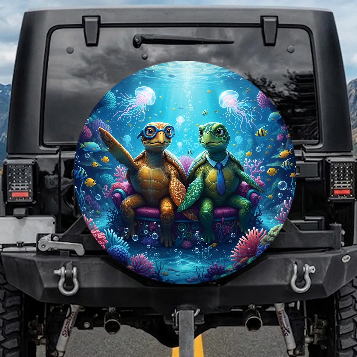 Goggled Necktie Sea Turtles Ocean Reef - Ocean Lover Gift Spare Tire Cover - 1