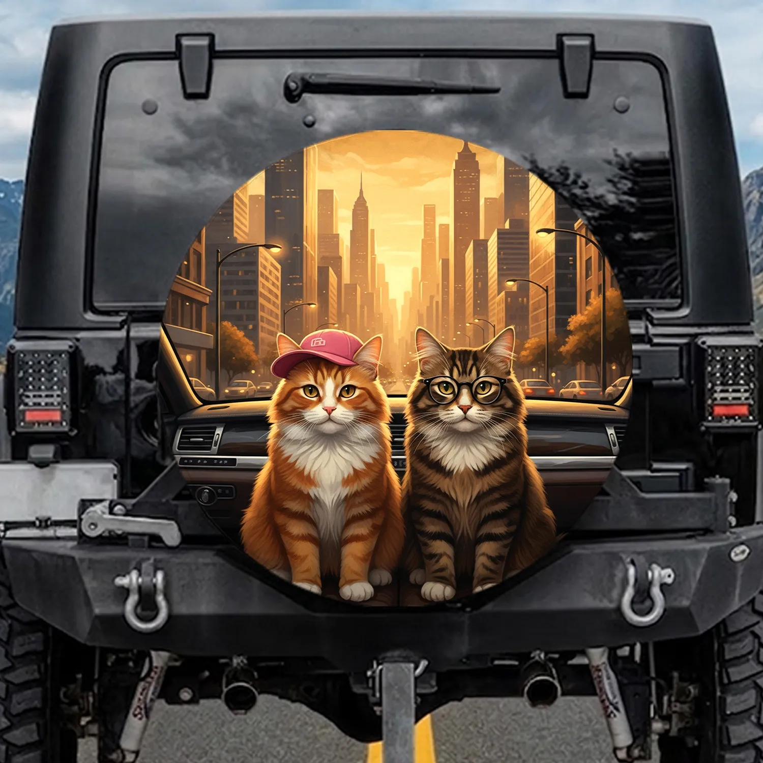 Realistic Orange Tabby Brown Cat Golden Hour Cityscape - Cat Lover Travel Gift Spare Tire Cover - 1