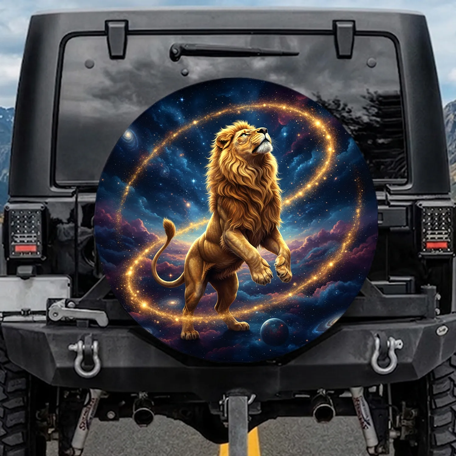 Majestic Luminous Golden Lion Cosmic Galaxy Nebula Stars - Wildlife Lover Gift Spare Tire Cover - 1