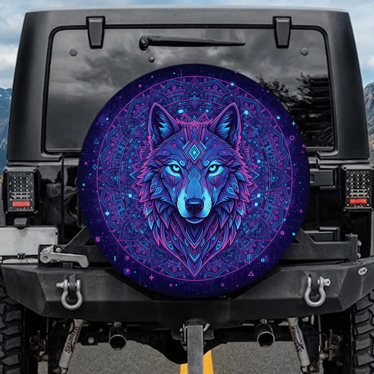 Wolf Bust Glowing Cyan Eyes Tribal Geometric Mandala Cosmic - Wildlife Lover Gift Spare Tire Cover - 1