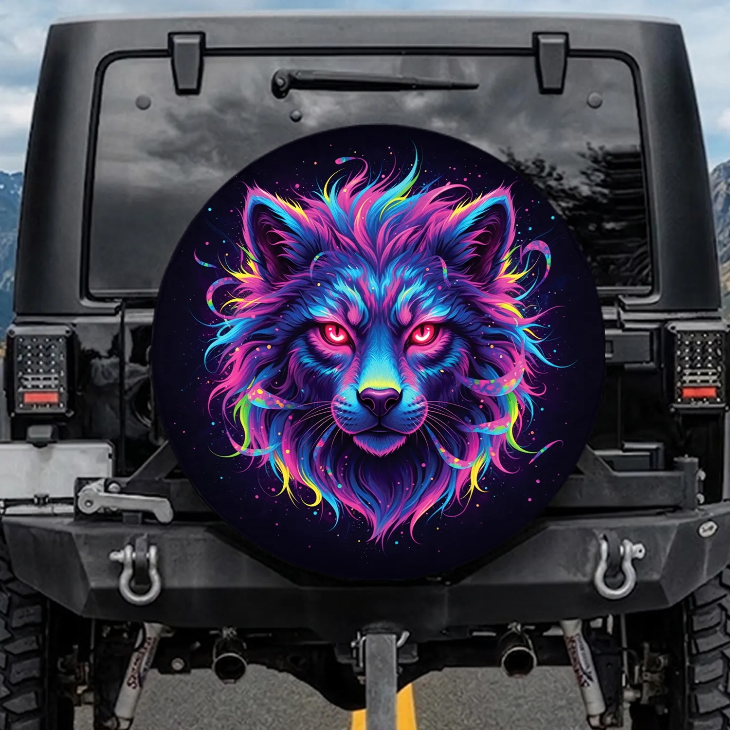 Dark Cosmic Predatory Glowing Red Eyes Swirling Multicolored Fur - Fantasy Lover Gift Spare Tire Cover - 1