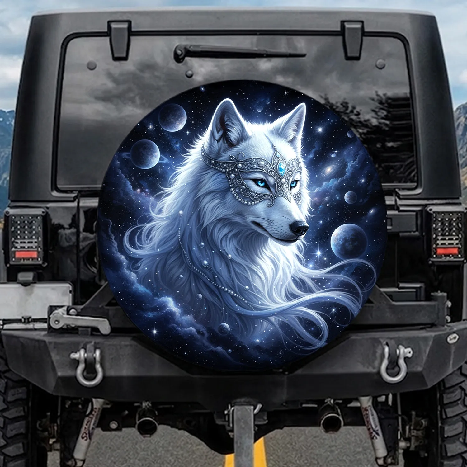 Celestial Wolf Pearl Mask Cosmic Stars - Space Lover Gift Spare Tire Cover - 1