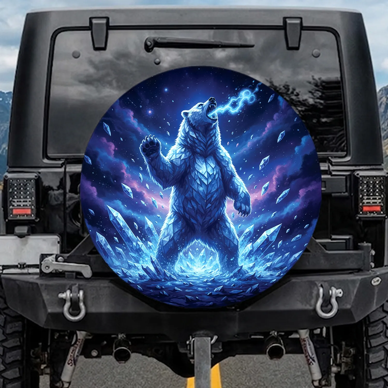 Colossal Ice Crystal Bear Roaring Galactic Nebula - Wildlife Decor Gift Spare Tire Cover - 1