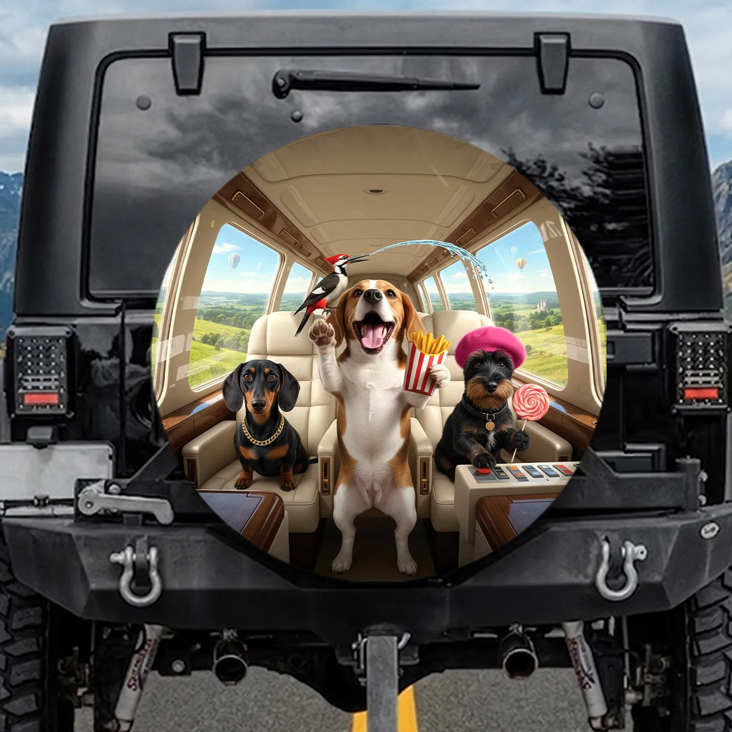 Beagle Dachshund Terrier Woodpecker Cabin Landscape - Road Trip Essentials Gift Spare Tire Cover - 1