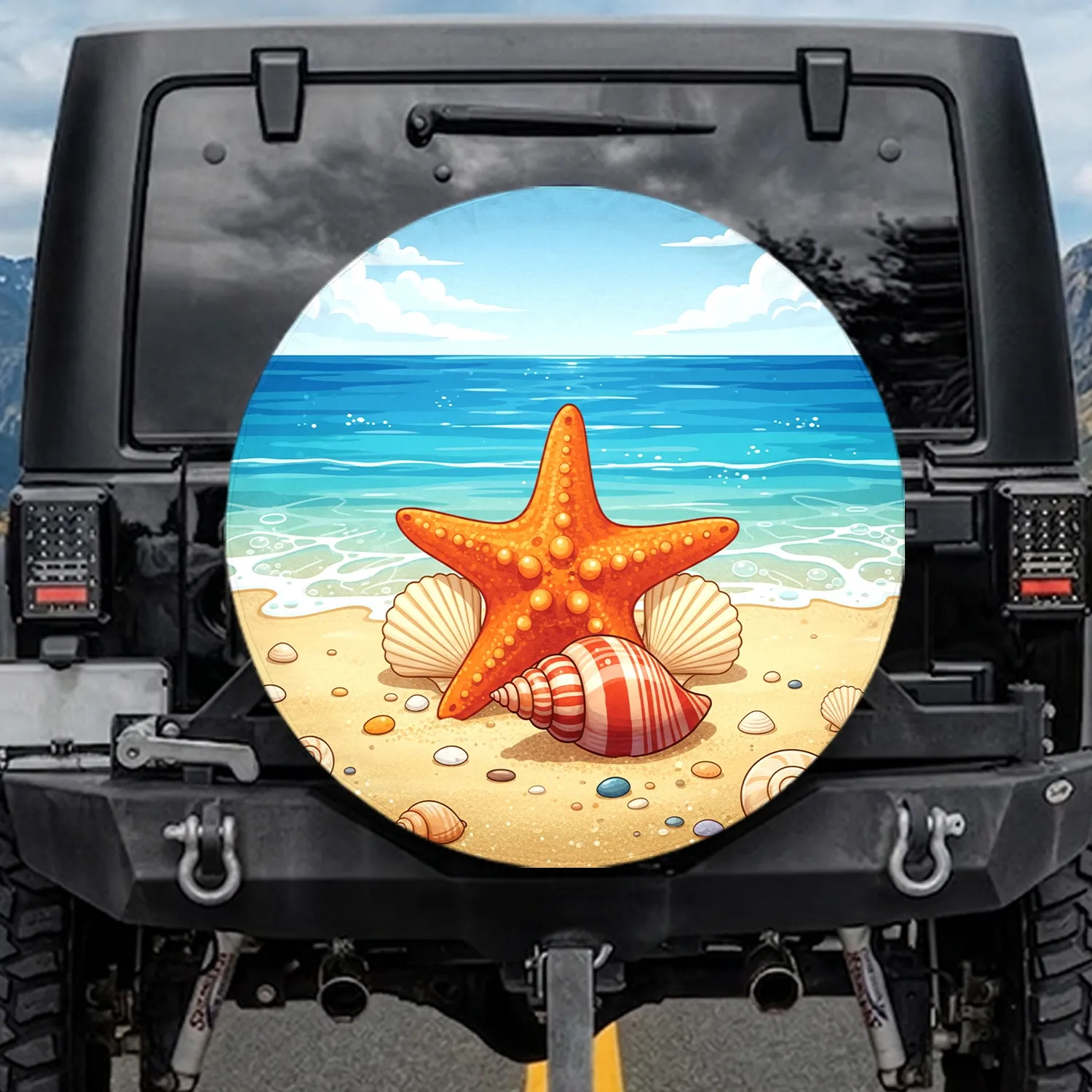 Sun-Drenched Golden Beach Starfish Conch Shell - Coastal Explorer Travel Gift Spare Tire Cover - 1